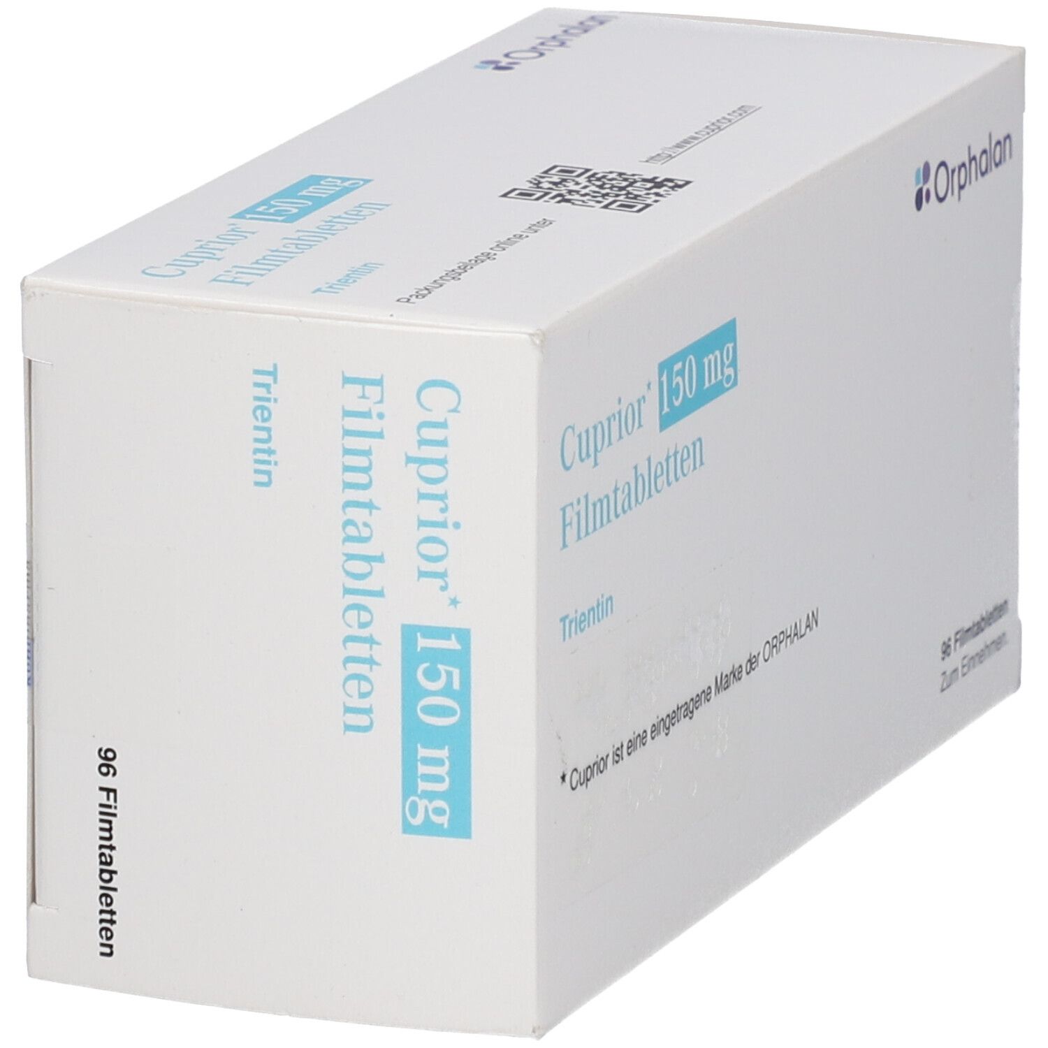 Schachtel CUPRIOR 150 mg Filmtabletten. Aufschrift: Trientin, 96 Filmtabletten. Marke: Orphalan. QR-Code.