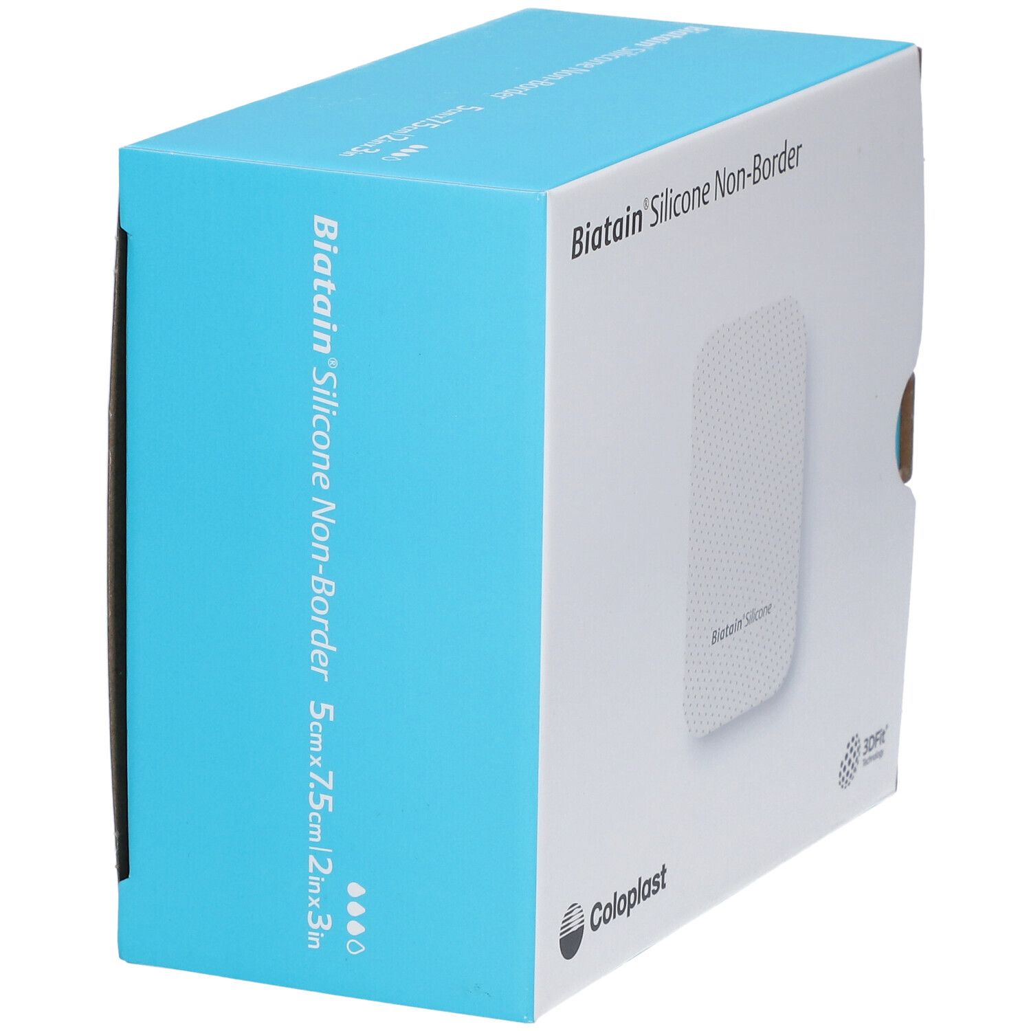 Biatain Silicone Non-Border Schaumverband 5x7,5cm. Seitenansicht der Verpackung.