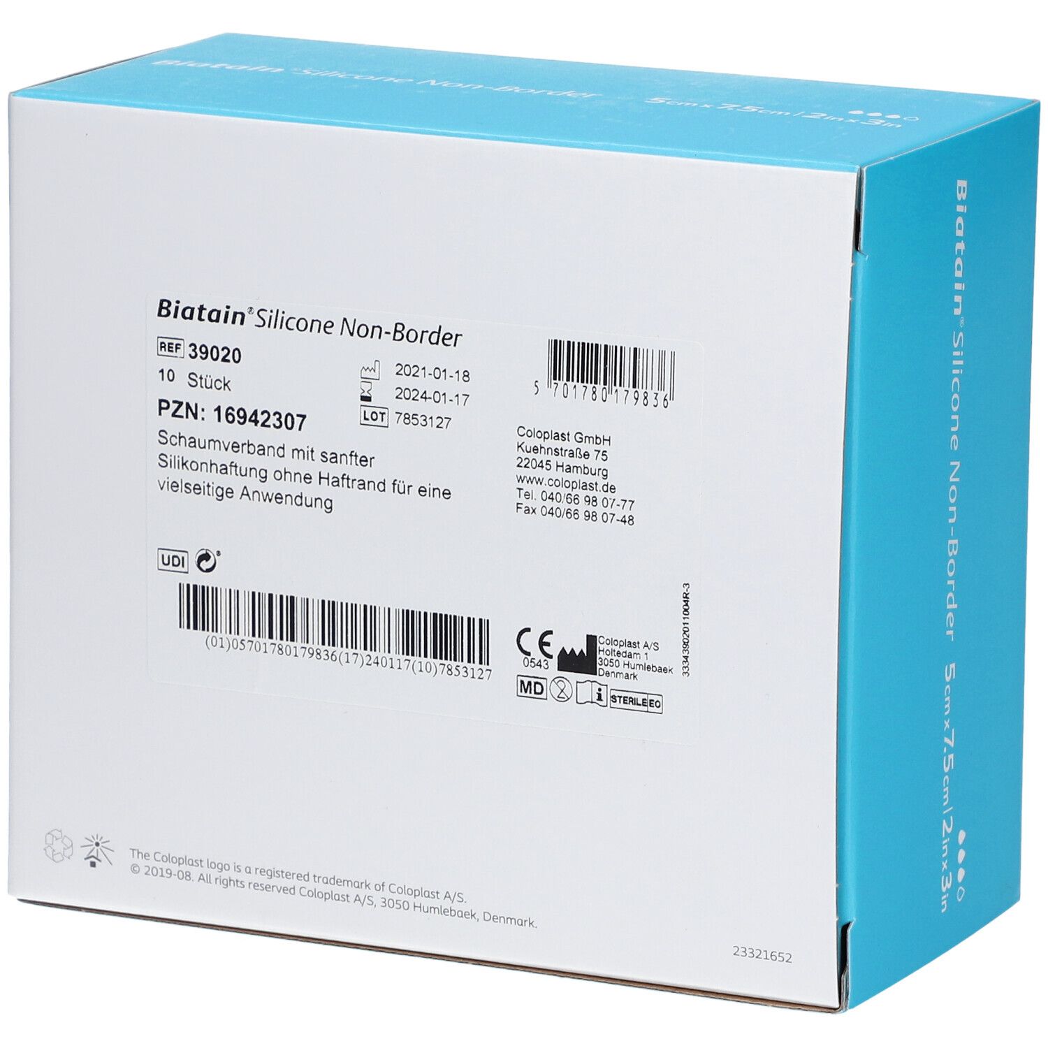 Rückseite der Biatain Silicone Non-Border Verpackung. REF 39020, PZN 16942307. CE-Kennzeichnung.