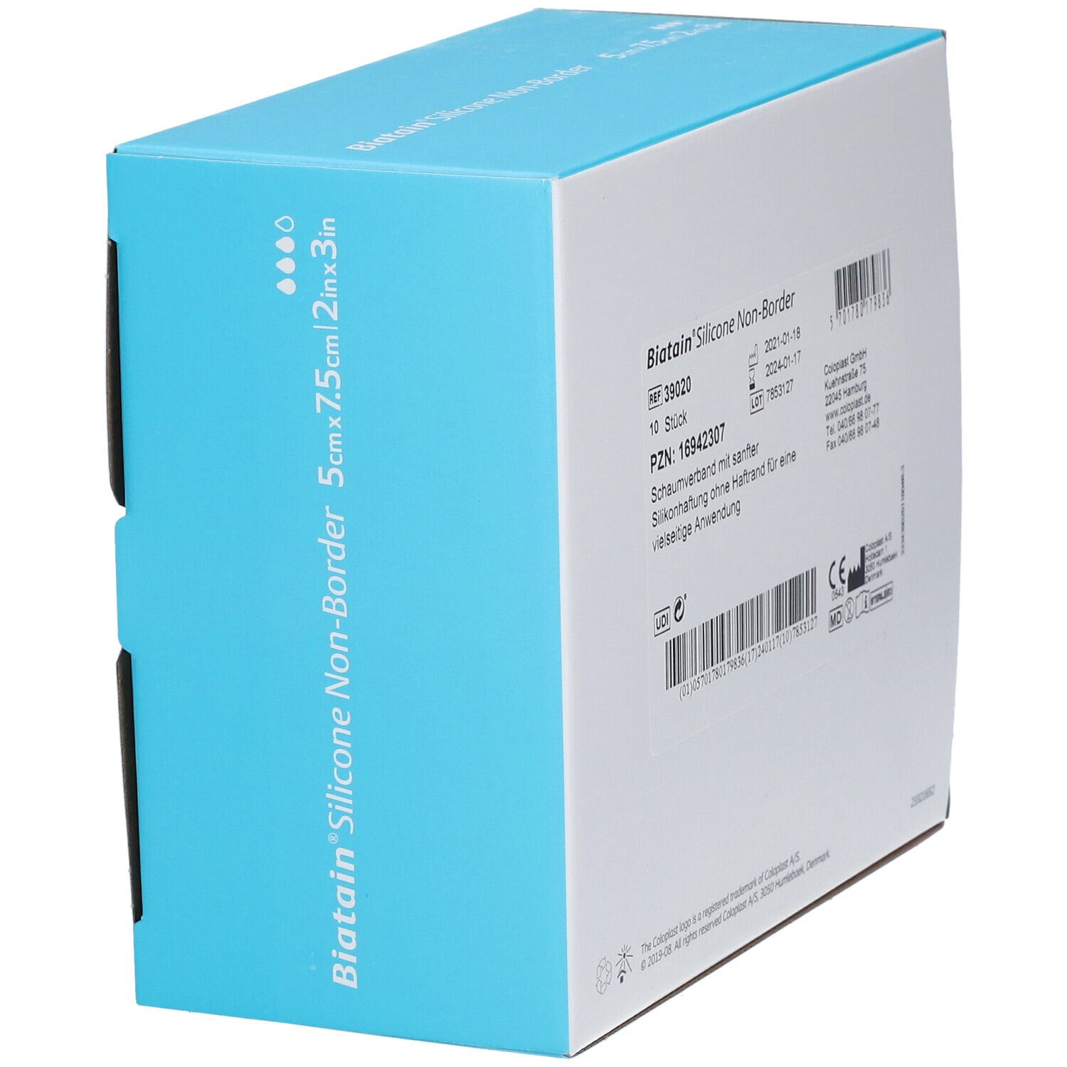 Biatain Silicone Non-Border Schaumverband 5x7,5cm. Verpackung von der Seite.