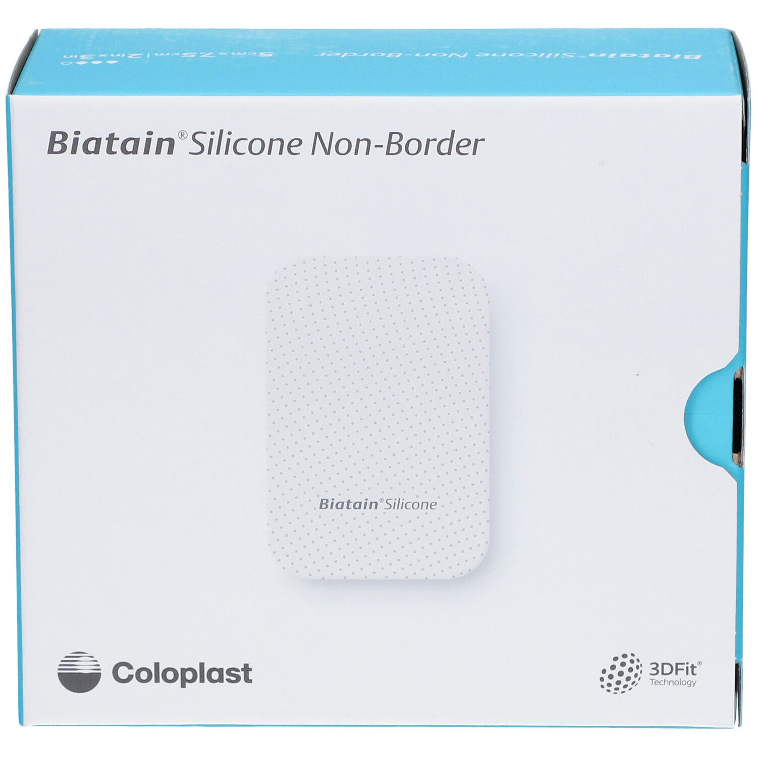 Biatain Silicone Non-Border Schaumverband 5x7,5cm. Coloplast Logo. 3DFIT Technologie.