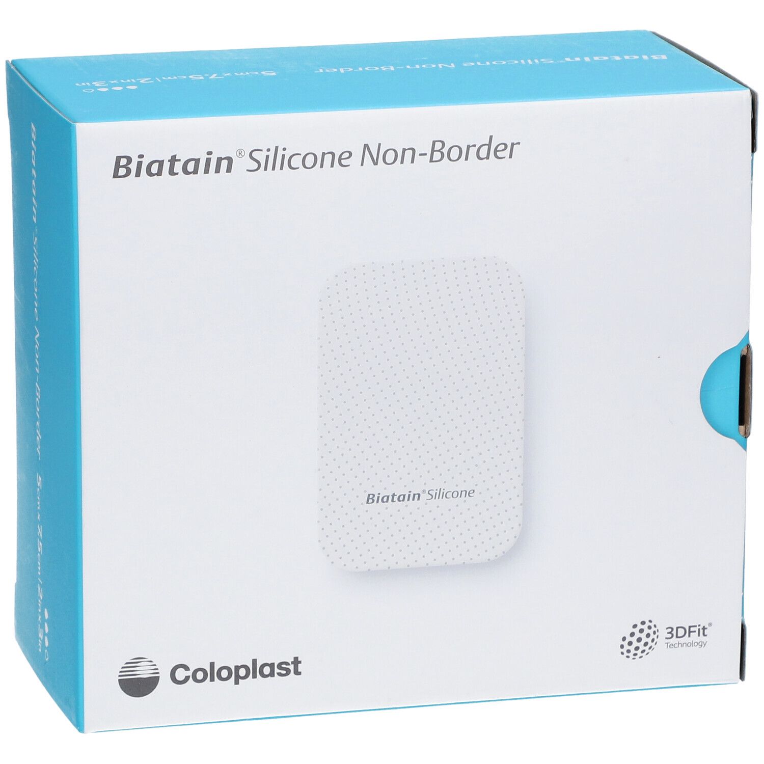 Biatain Silicone Non-Border Schaumverband 5x7,5cm. Coloplast Logo. 3DFIT Technologie.