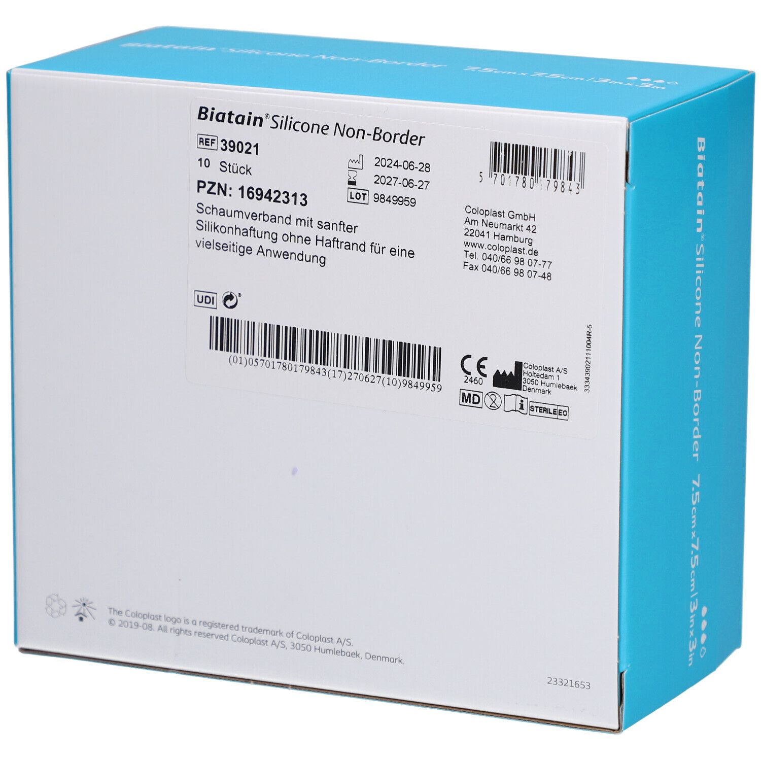 Rückseite der Biatain® Silicone Non-Border Schaumverband Verpackung mit Produkt- und Herstellerdetails.