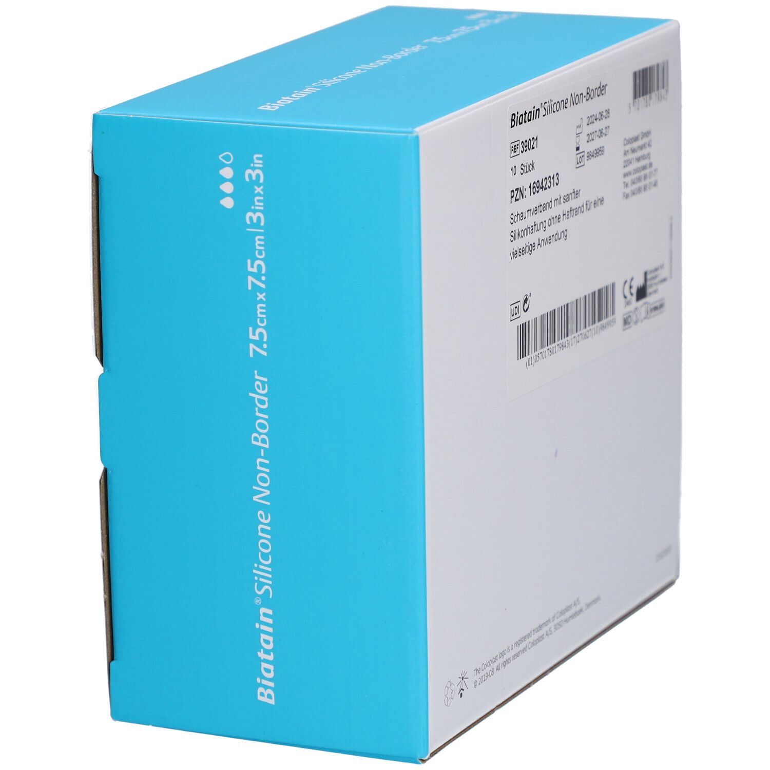 Schräge Ansicht der Biatain® Silicone Non-Border Schaumverband Verpackung mit Produktinformationen.