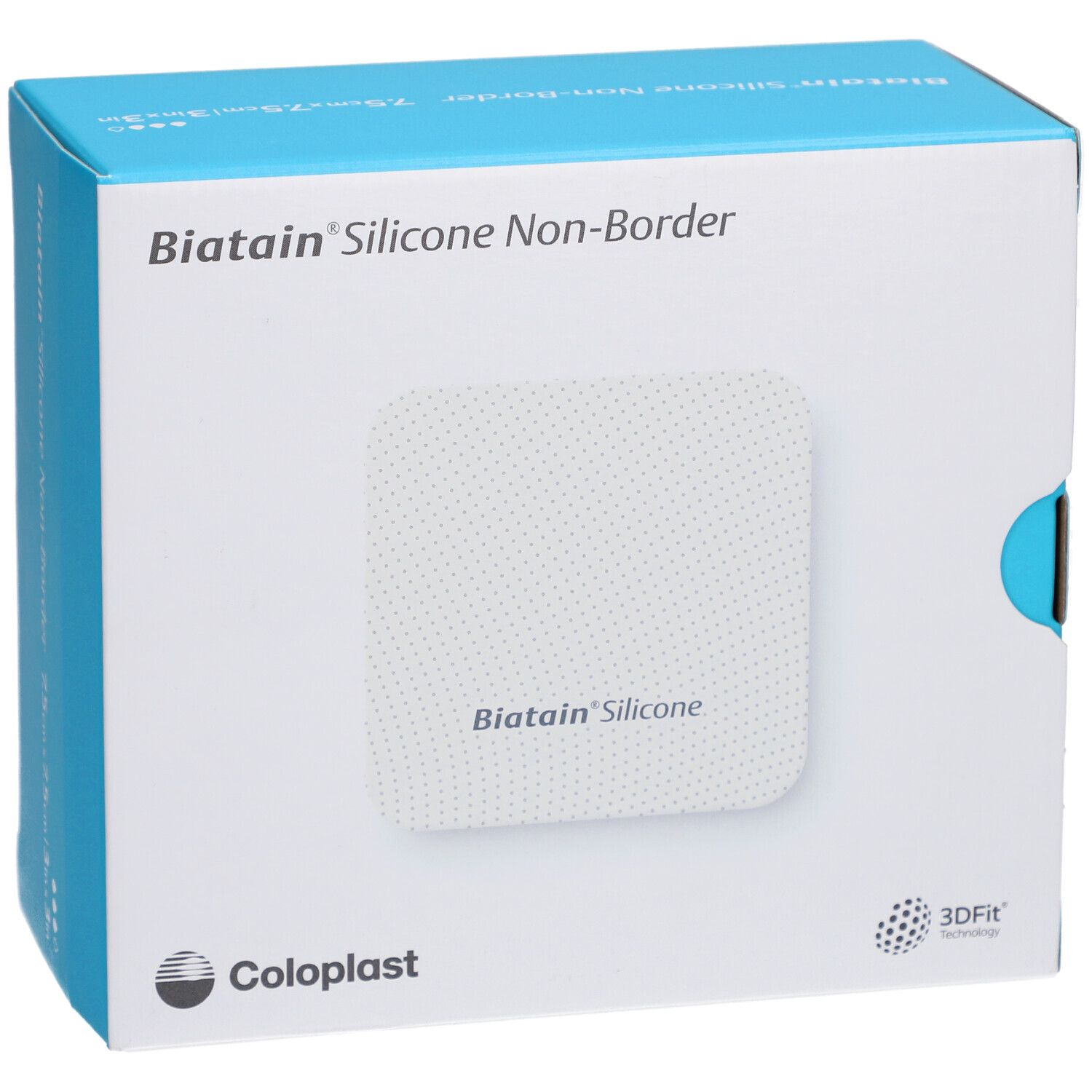 Vorderseite der Biatain® Silicone Non-Border Schaumverband Verpackung mit Produktabbildung und Coloplast Logo.