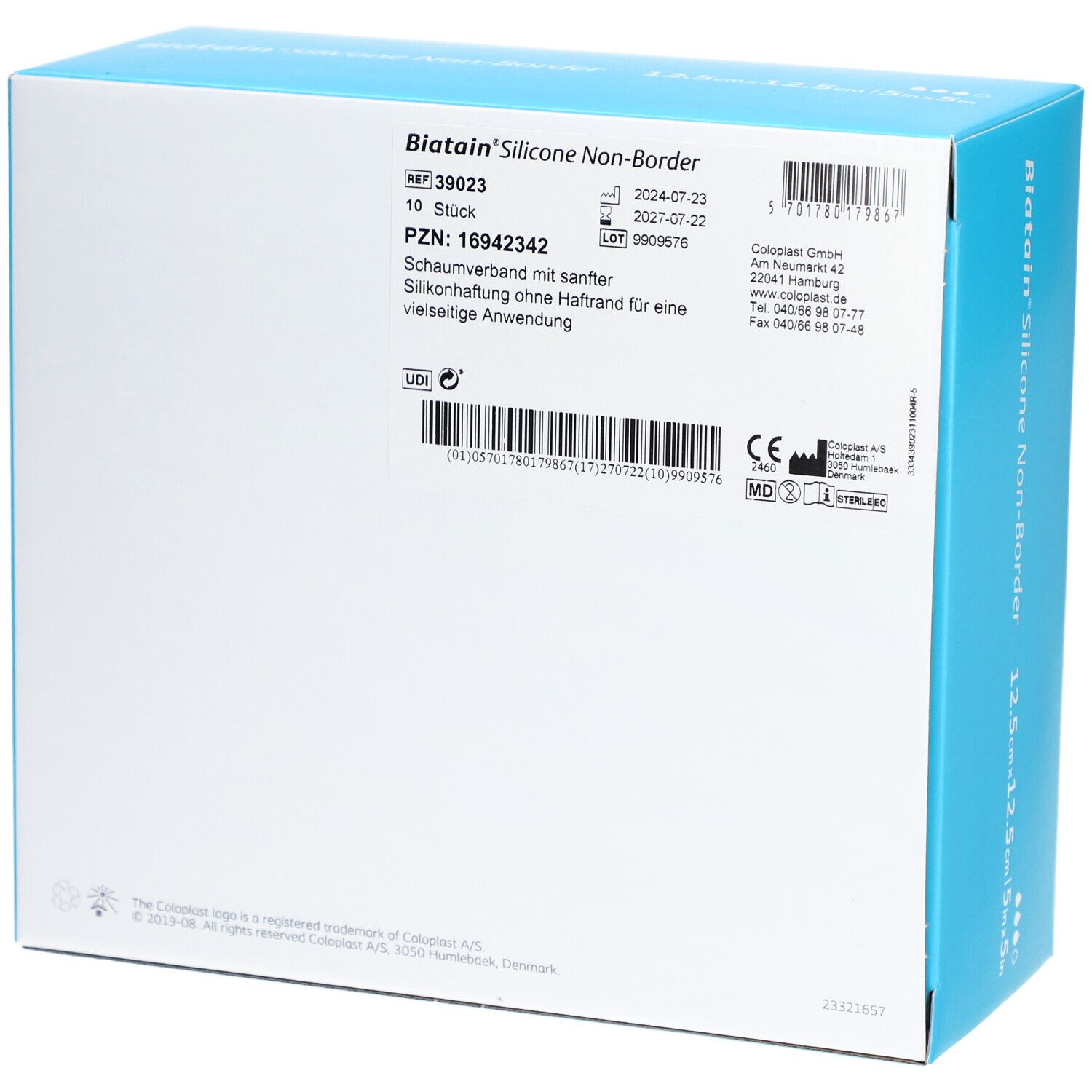 Rückseite der Verpackung von Biatain Silicone Non-Border Schaumverband. Enthält REF, PZN, Chargennummer und CE-Kennzeichnung.