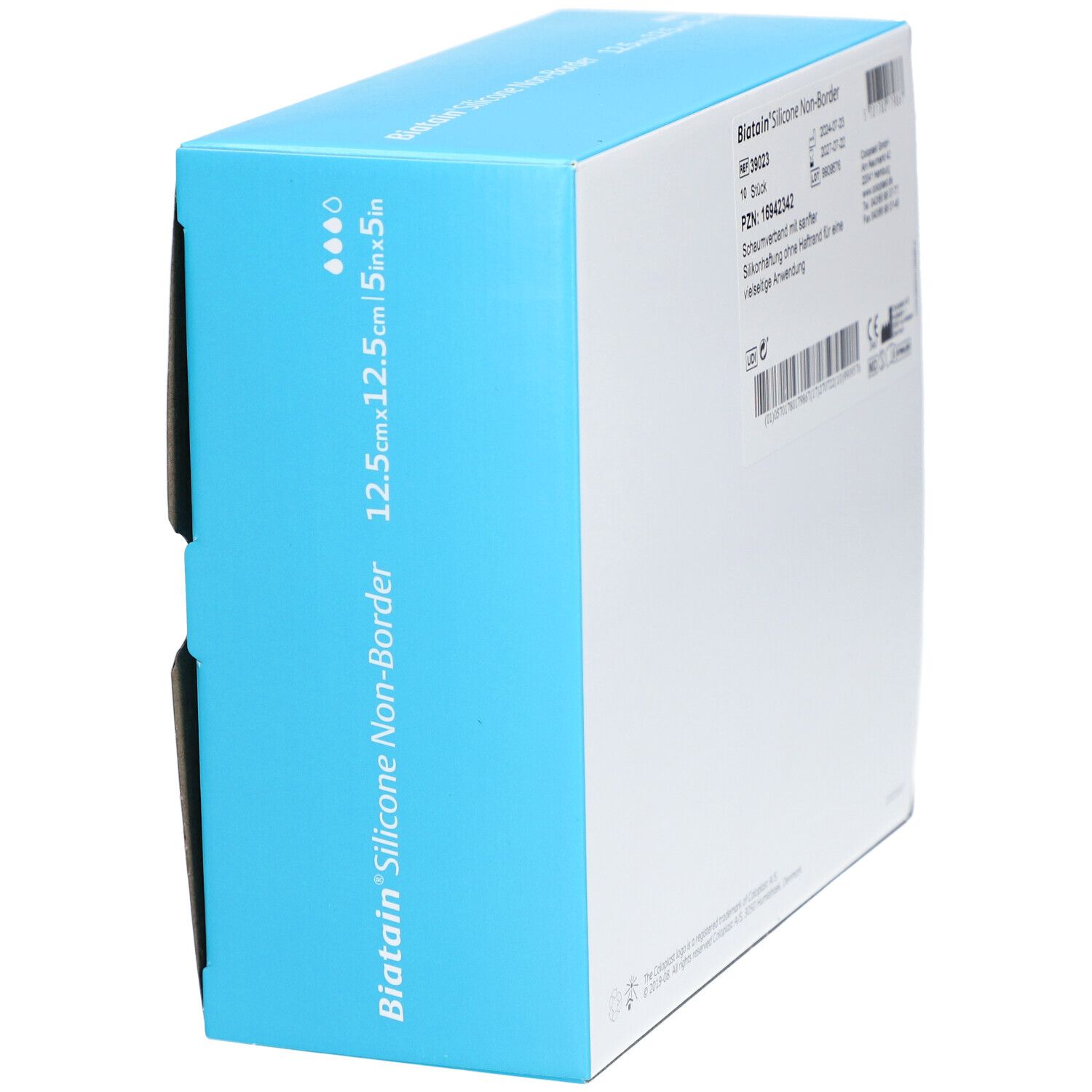 Seitenansicht der Verpackung von Biatain Silicone Non-Border Schaumverband, 12,5x12,5cm. Produktname und Größe aufgedruckt.