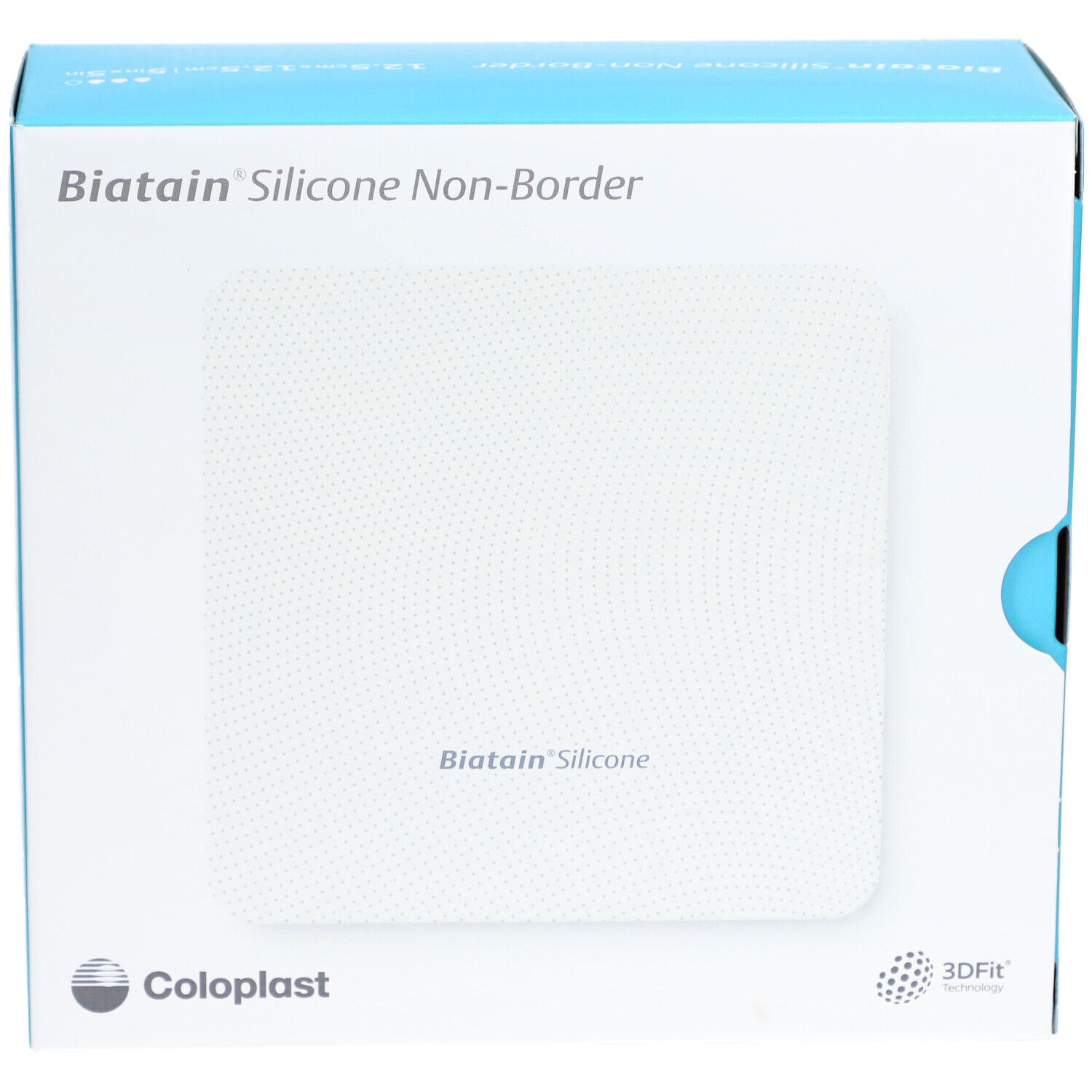 Verpackung von Biatain Silicone Non-Border Schaumverband, 12,5x12,5cm. Coloplast Logo und 3DFit Technologie sichtbar.