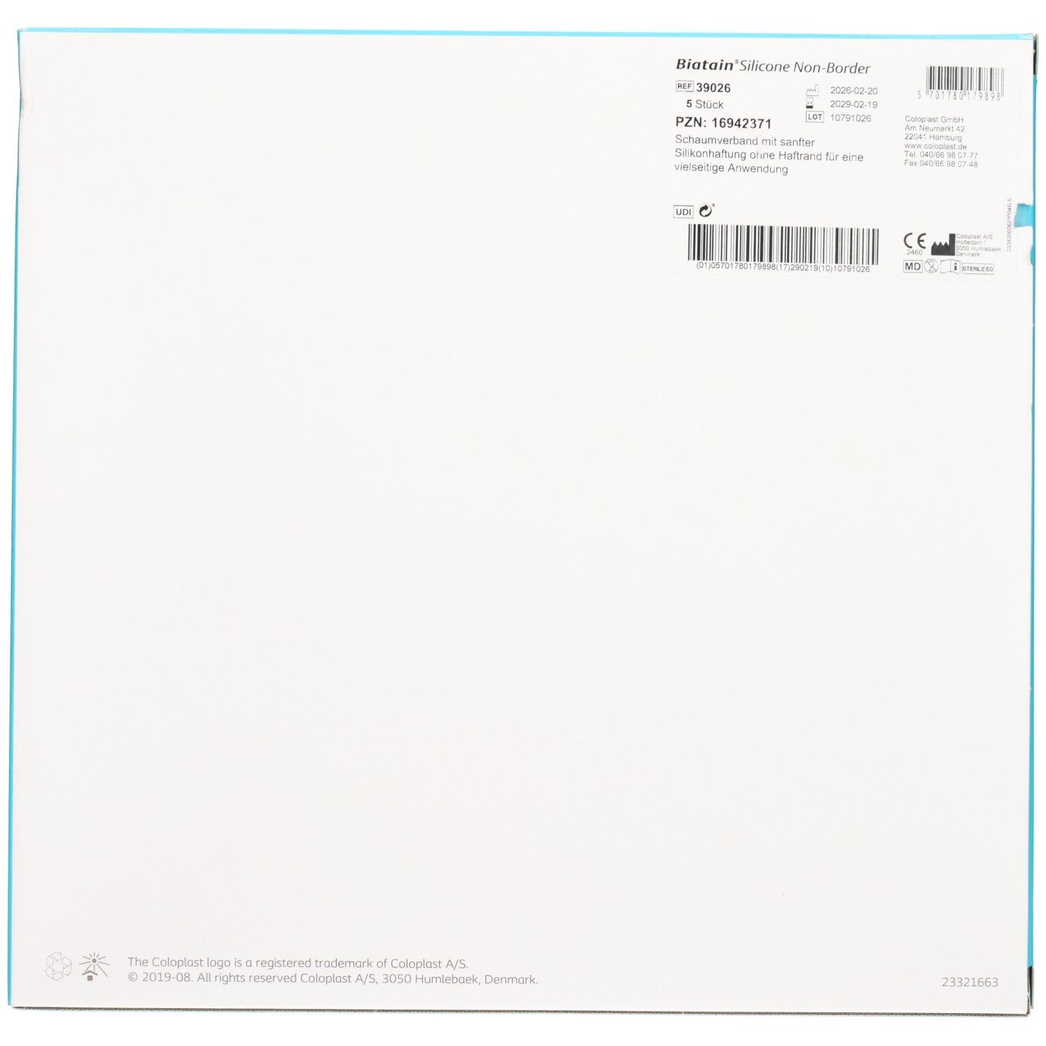 Rückseite Biatain Silicone Non-Border Schaumverband. Produktinformationen, PZN und CE-Kennzeichnung sichtbar.