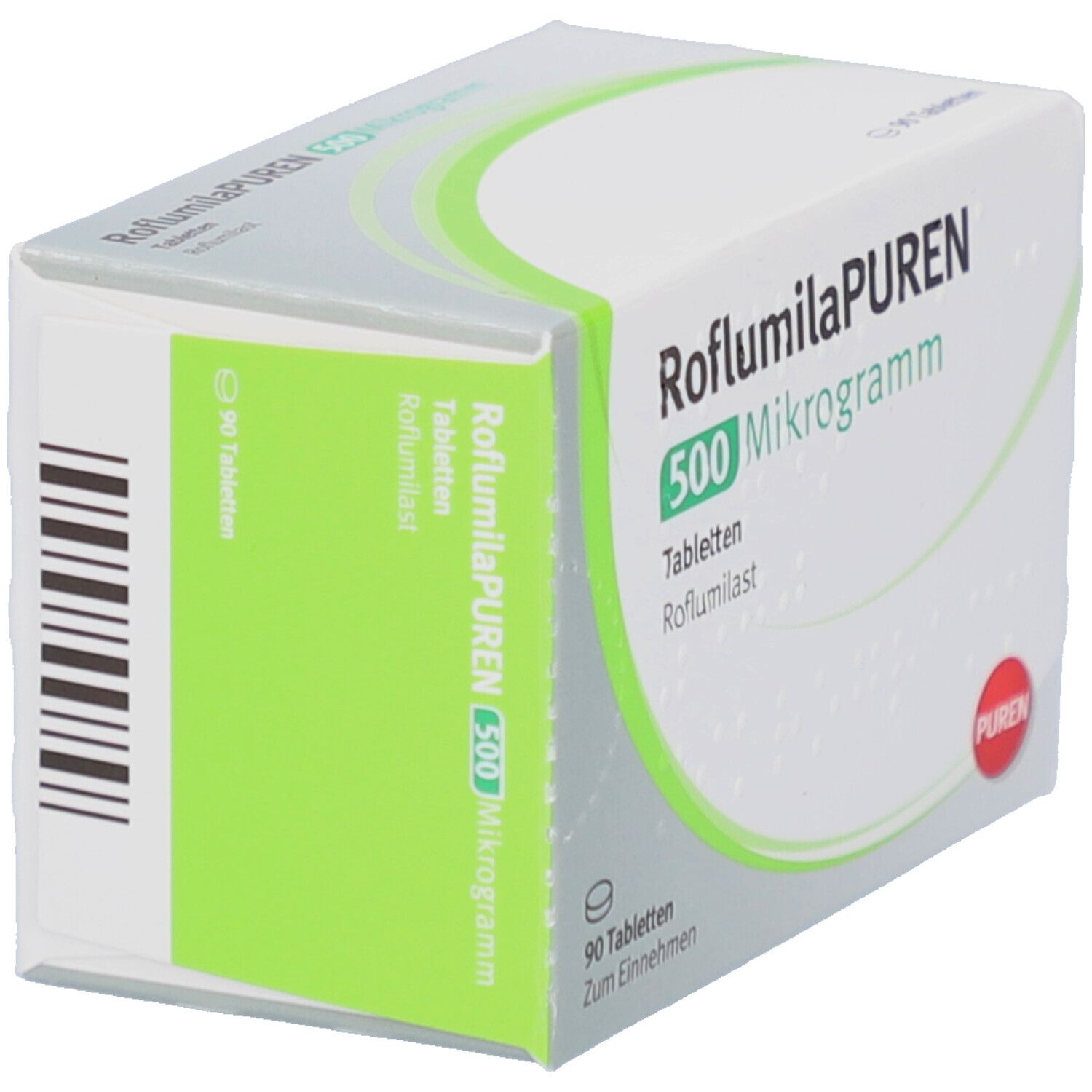 Schachtel mit Tabletten, schräg. Aufschrift: RoflumilaPUREN 500 Mikrogramm. 90 Tabletten. Marke: PUREN.