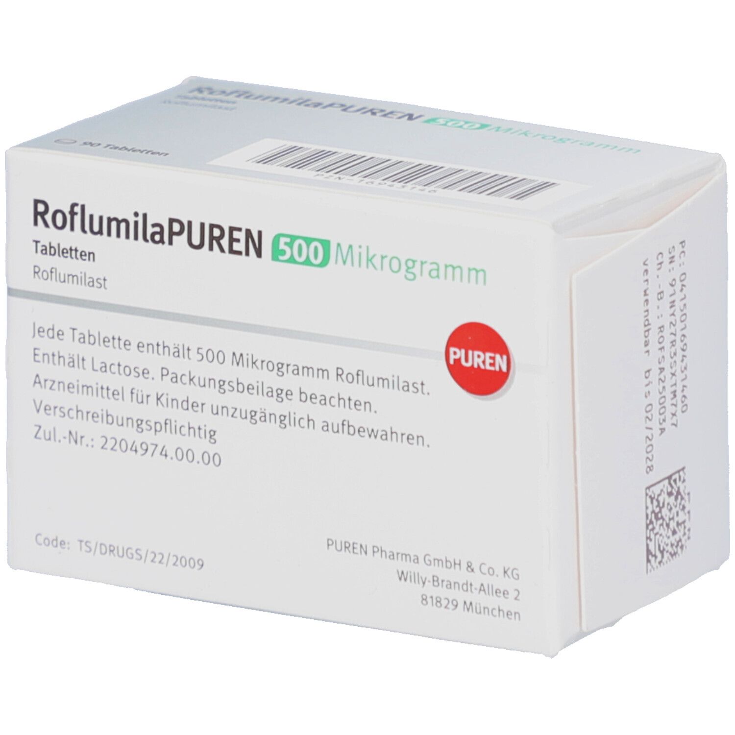 Schachtel mit Tabletten. Aufschrift: RoflumilaPUREN 500 Mikrogramm. 90 Tabletten. Marke: PUREN. Text auf der Rückseite.