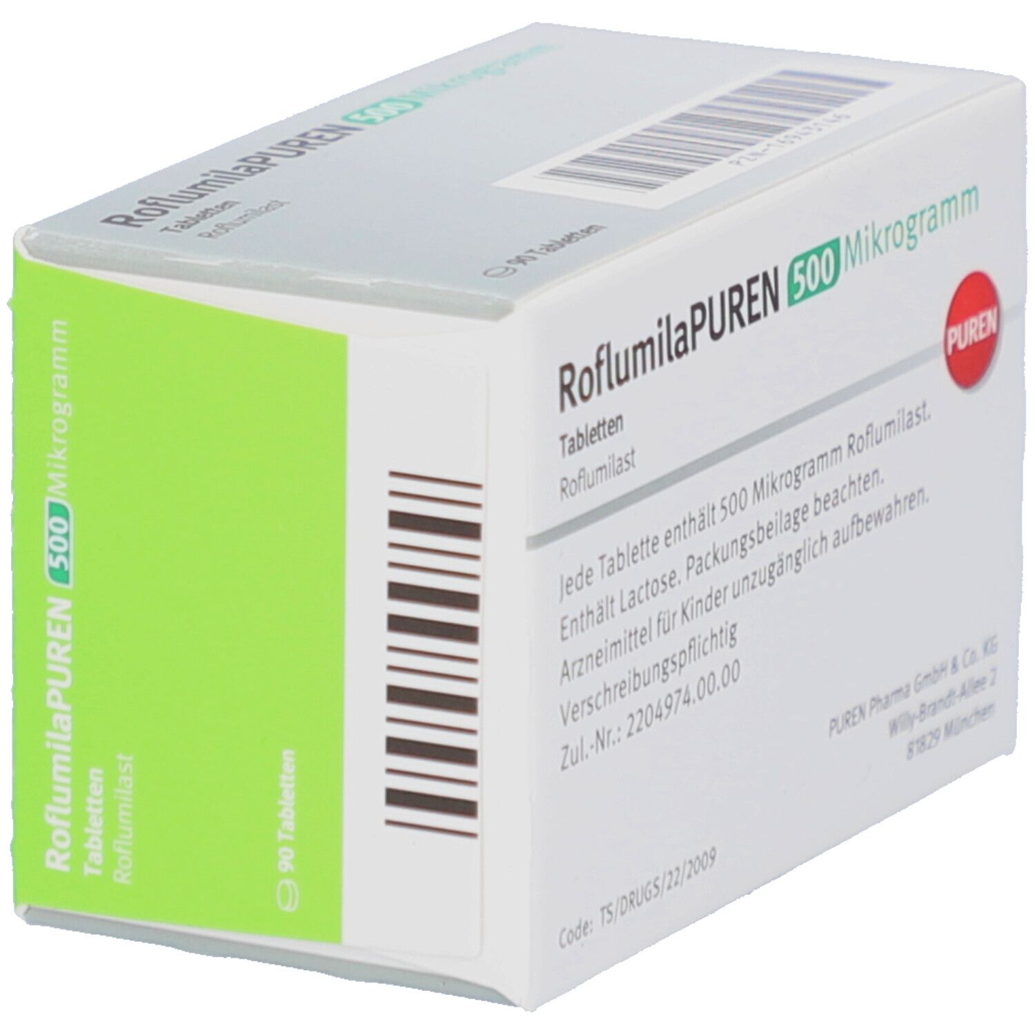 Schachtel mit Tabletten, schräg. Aufschrift: RoflumilaPUREN 500 Mikrogramm. 90 Tabletten. Marke: PUREN. Text auf der Seite.