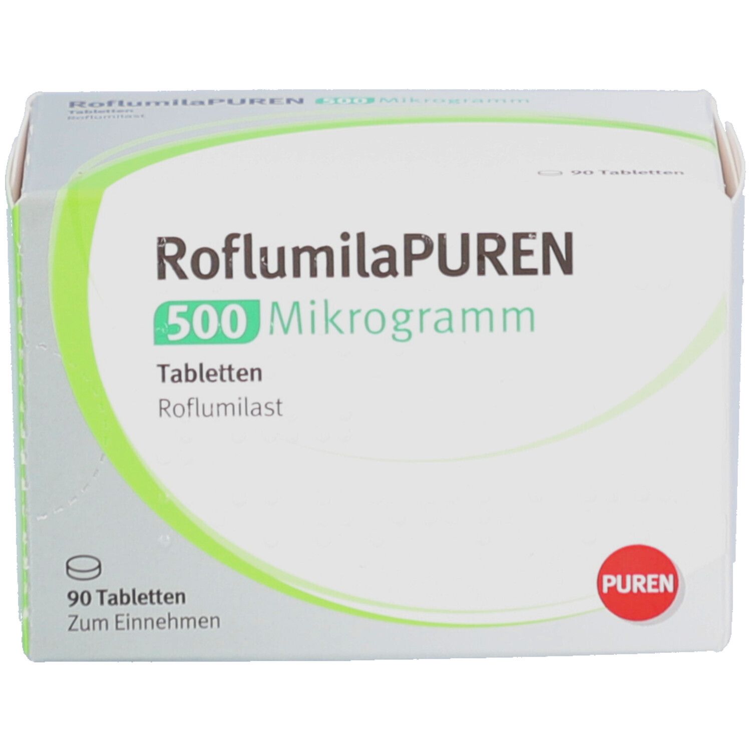 Schachtel mit Tabletten. Aufschrift: RoflumilaPUREN 500 Mikrogramm. 90 Tabletten. Marke: PUREN.