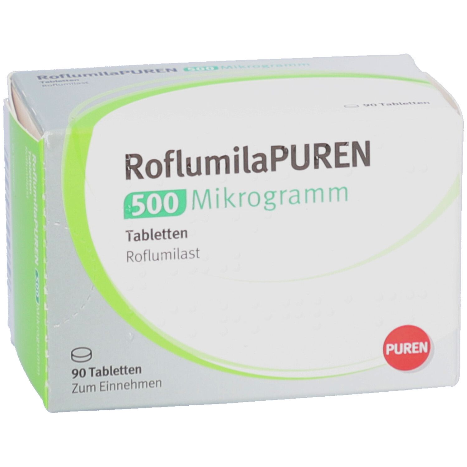 Schachtel mit Tabletten. Aufschrift: RoflumilaPUREN 500 Mikrogramm. 90 Tabletten. Marke: PUREN.