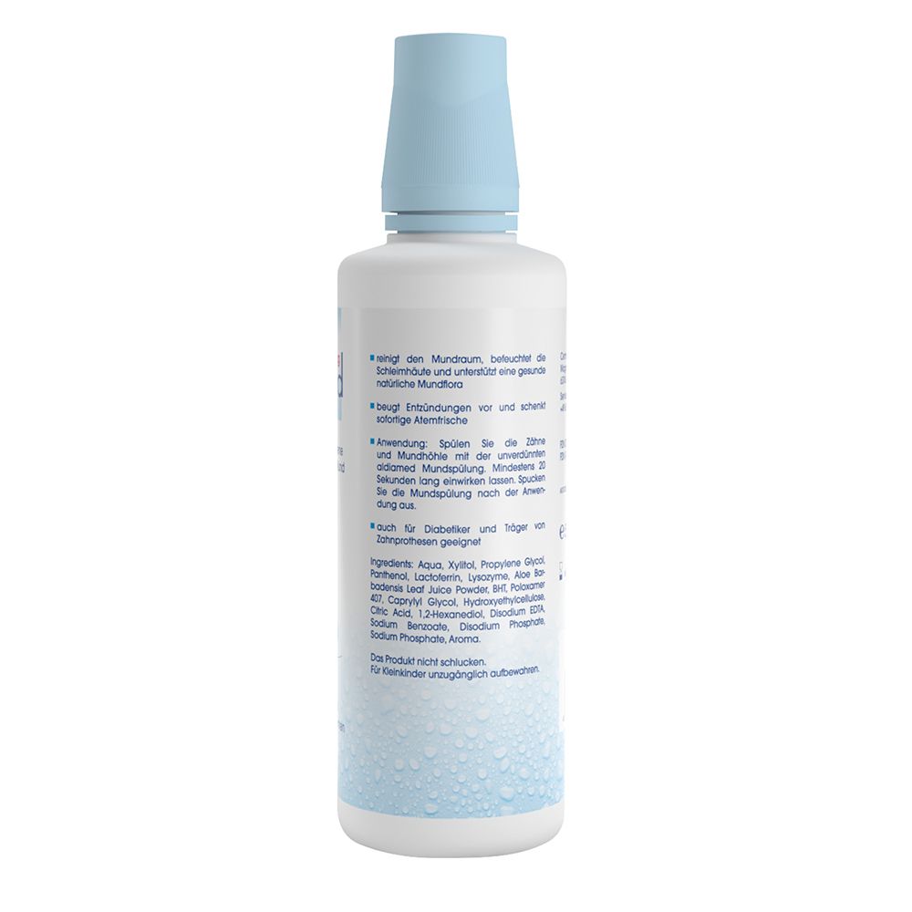Weiße Kunststoffflasche mit hellblauem Verschluss und Etikett mit Anwendungshinweisen.