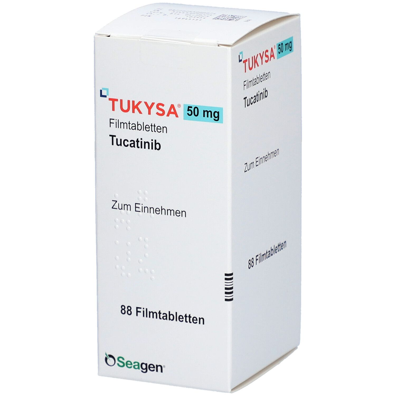 Weiße Schachtel mit "TUKYSA 50 mg Filmtabletten". Enthält 88 Filmtabletten. Aufschrift "Zum Einnehmen". Marke: Seagen.