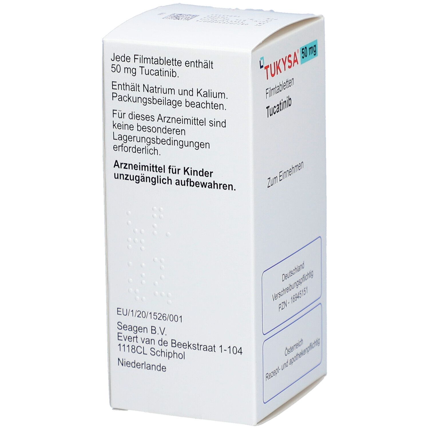 Weiße Schachtel mit "TUKYSA 50 mg Filmtabletten". Enthält Informationen zu Inhaltsstoffen und Lagerung. Aufschrift "Zum Einnehmen". Marke: Seagen.