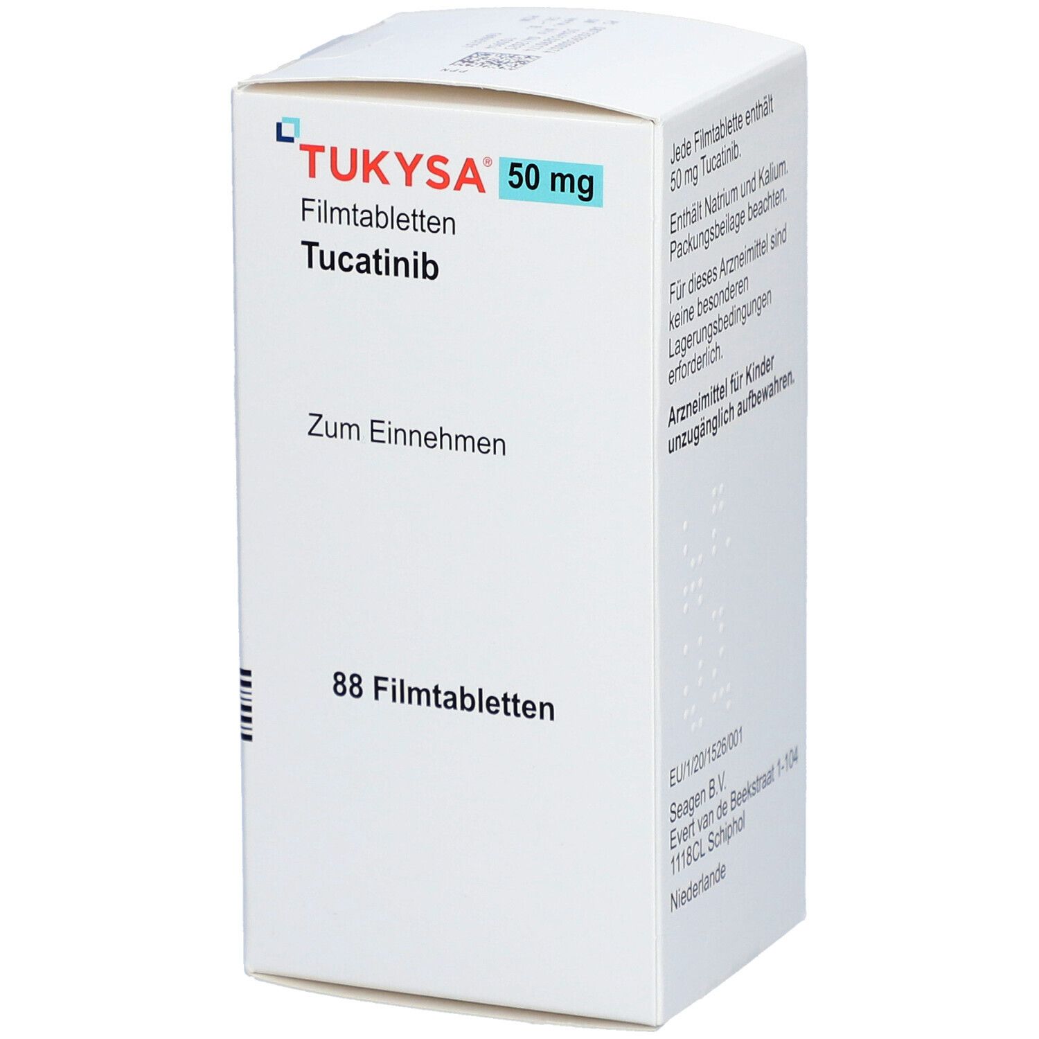 Weiße Schachtel mit "TUKYSA 50 mg Filmtabletten". Enthält 88 Filmtabletten. Aufschrift "Zum Einnehmen". Marke: Seagen.