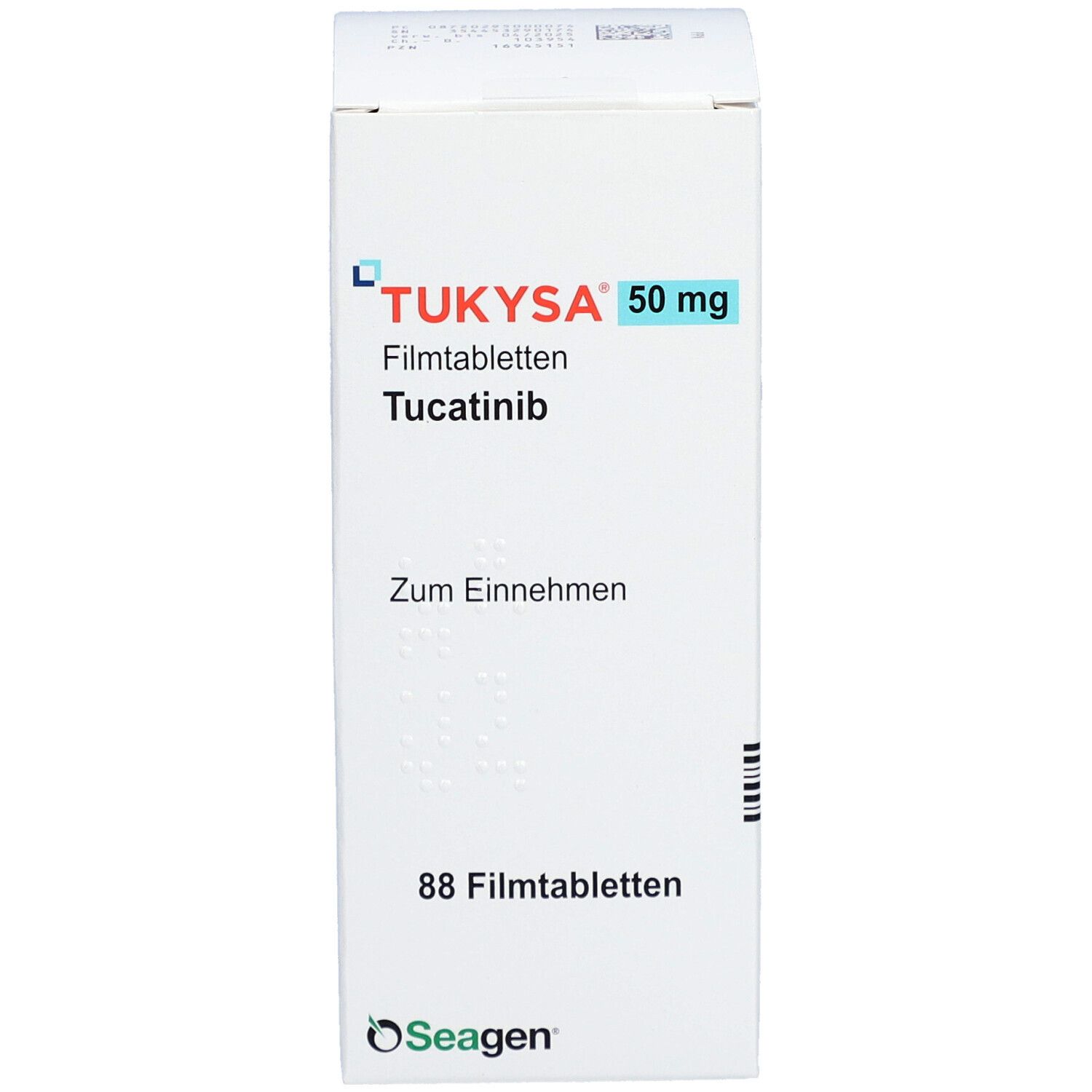 Weiße Schachtel mit "TUKYSA 50 mg Filmtabletten". Enthält 88 Filmtabletten. Aufschrift "Zum Einnehmen". Marke: Seagen.