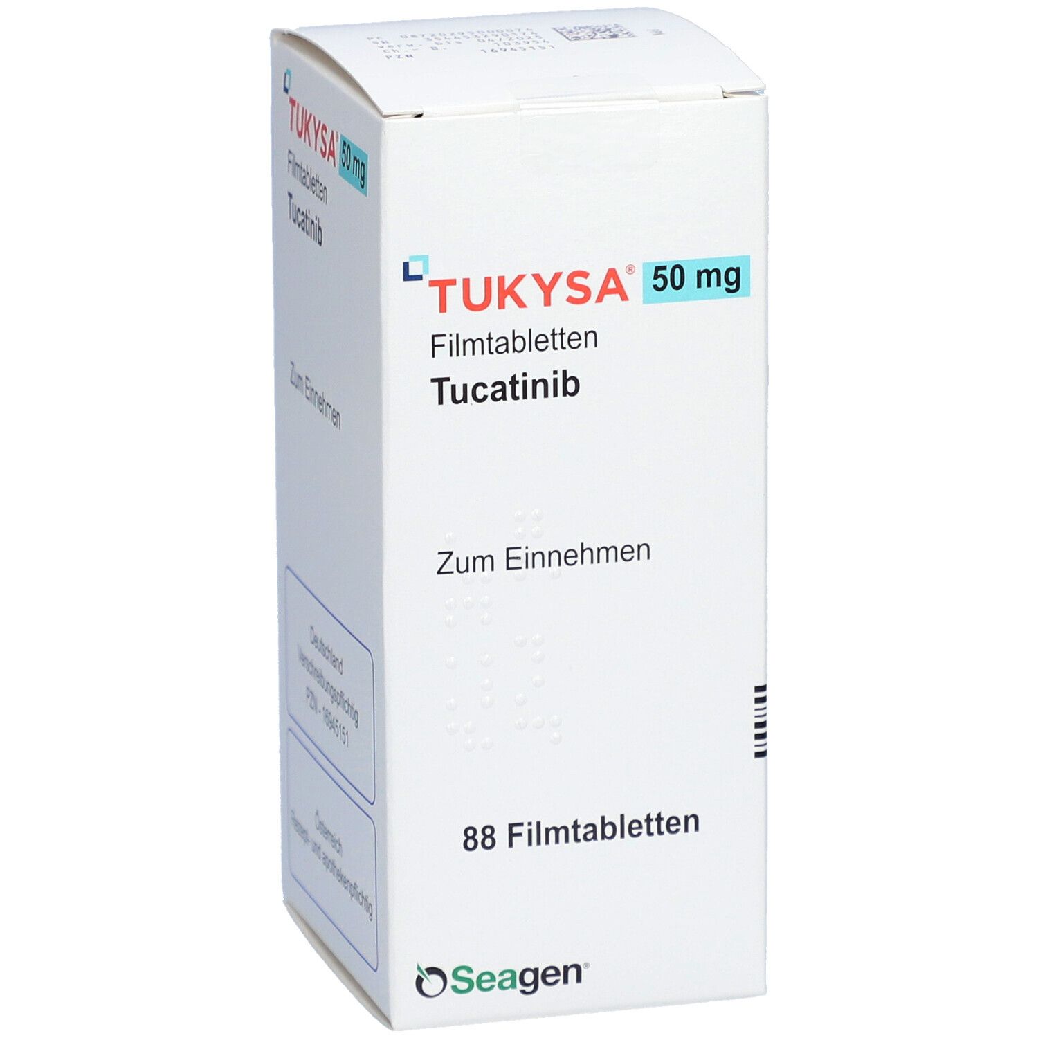 Weiße Schachtel mit "TUKYSA 50 mg Filmtabletten". Enthält 88 Filmtabletten. Aufschrift "Zum Einnehmen". Marke: Seagen.