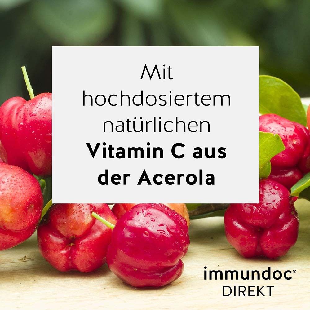 Rote Acerola-Kirschen. Text: Mit hochdosiertem natürlichem Vitamin C aus der Acerola.