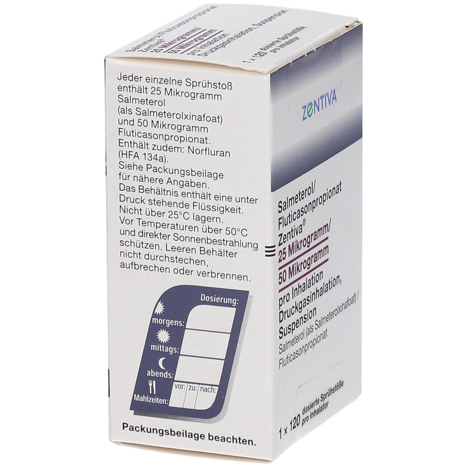 Medikamentenverpackung. Aufschrift: Salmeterol/Fluticasonpropionat Zentiva 25 Mikrogramm/50 Mikrogramm. 1 x 120 dosierte Sprühstöße.