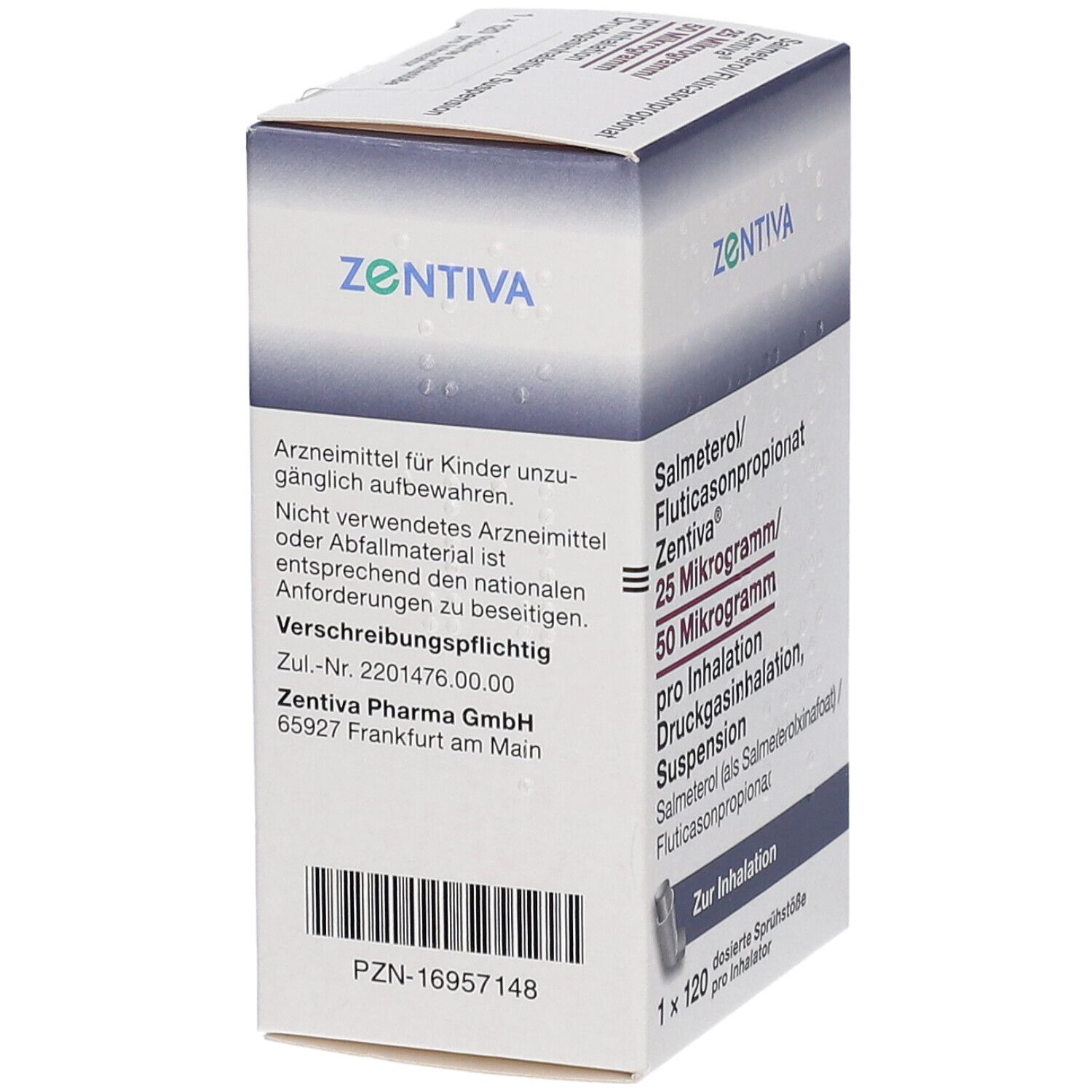 Medikamentenverpackung. Aufschrift: Salmeterol/Fluticasonpropionat Zentiva 25 Mikrogramm/50 Mikrogramm. 1 x 120 dosierte Sprühstöße.