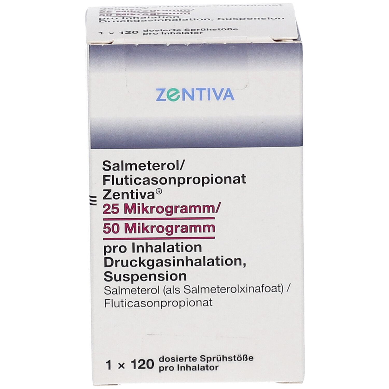 Medikamentenverpackung. Aufschrift: Salmeterol/Fluticasonpropionat Zentiva 25 Mikrogramm/50 Mikrogramm. 1 x 120 dosierte Sprühstöße.