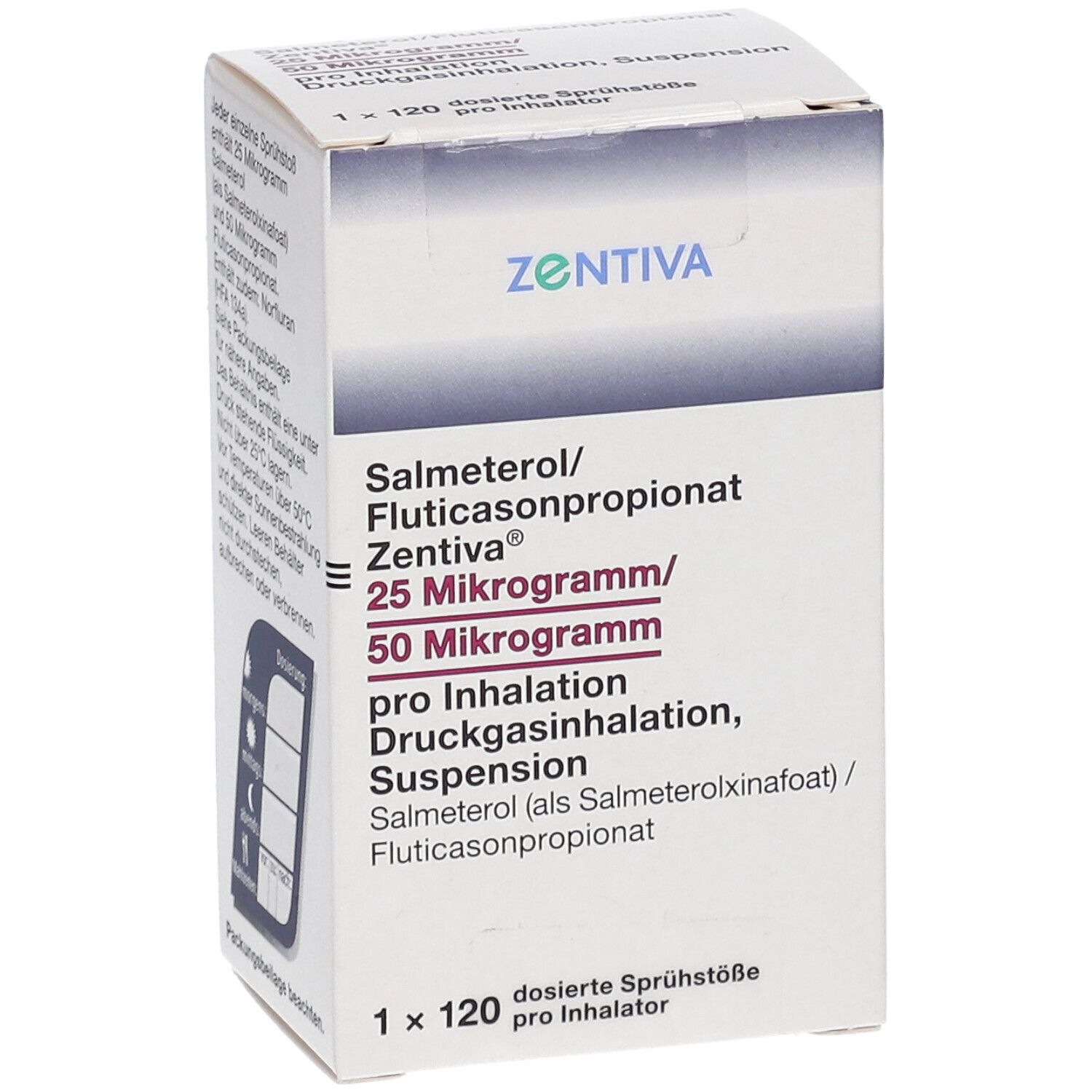 Medikamentenverpackung. Aufschrift: Salmeterol/Fluticasonpropionat Zentiva 25 Mikrogramm/50 Mikrogramm. 1 x 120 dosierte Sprühstöße.