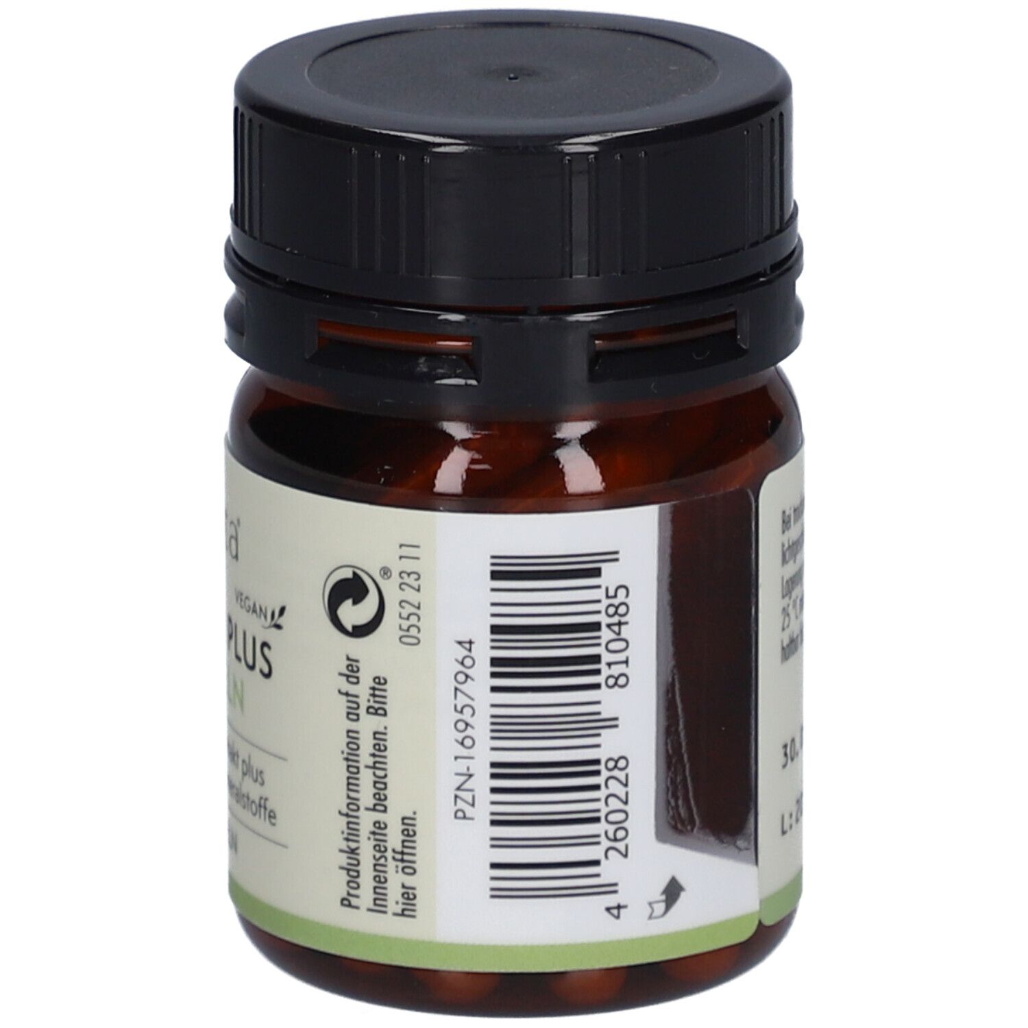 Braune Glasflasche mit schwarzem Deckel. Aufschrift: sovita INGWER PLUS KAPSELN. Produktinformationen.