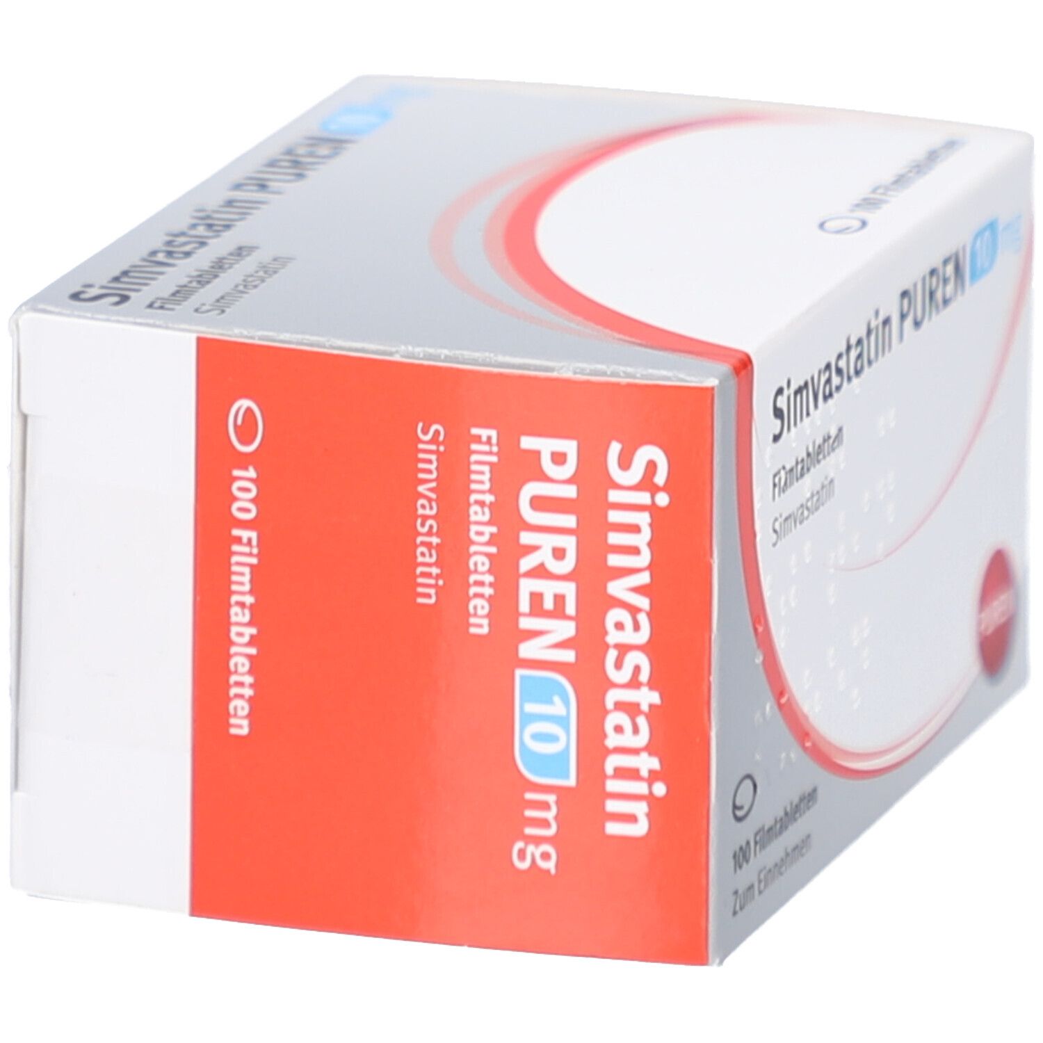 Schachtel mit SIMVASTATIN PUREN 10 mg Filmtabletten. Roter Streifen mit Produktnamen. 100 Filmtabletten.