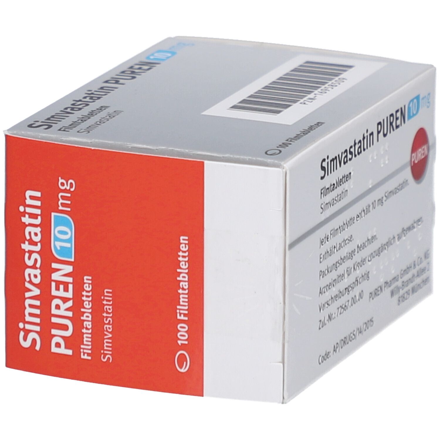 Schachtel mit SIMVASTATIN PUREN 10 mg Filmtabletten. Roter Streifen mit Produktnamen. 100 Filmtabletten.