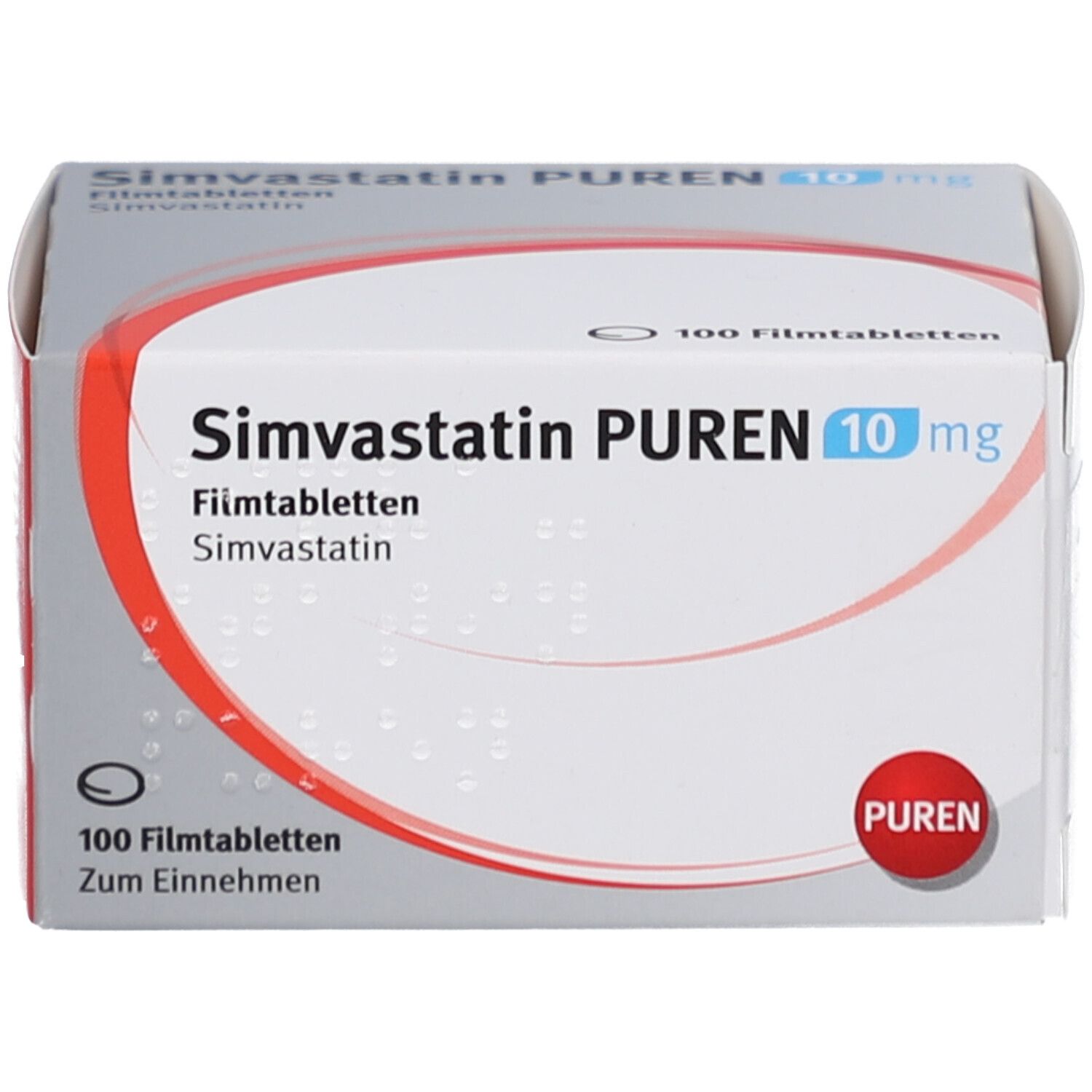 Schachtel mit SIMVASTATIN PUREN 10 mg Filmtabletten. Aufschrift: 100 Filmtabletten. Roter PUREN-Kreis.