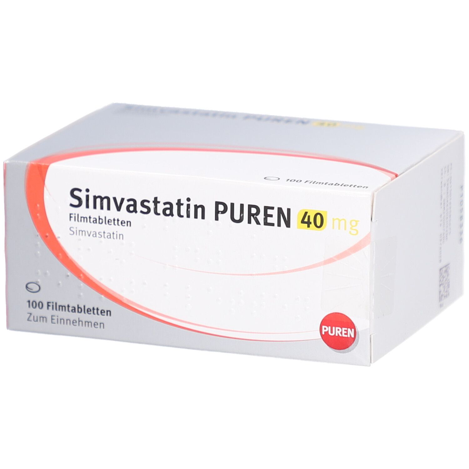 Schachtel SIMVASTATIN PUREN 40 mg Filmtabletten. Aufschrift: 100 Filmtabletten, PUREN. Weiß, orange und graue Verpackung.