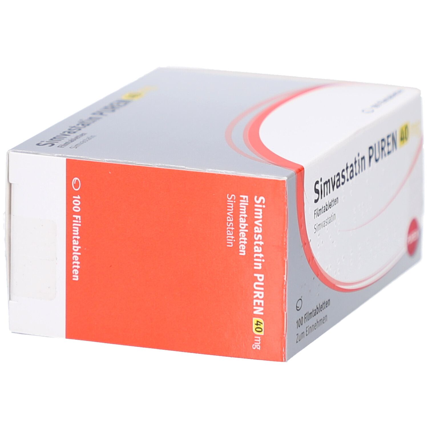 Schachtel SIMVASTATIN PUREN 40 mg Filmtabletten. Aufschrift: 100 Filmtabletten, PUREN. Weiße, orange und graue Verpackung.