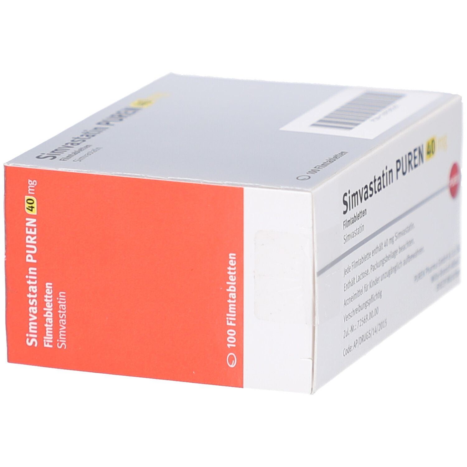 Schachtel SIMVASTATIN PUREN 40 mg Filmtabletten. Rote Fläche mit Text. 100 Filmtabletten. PUREN Logo.