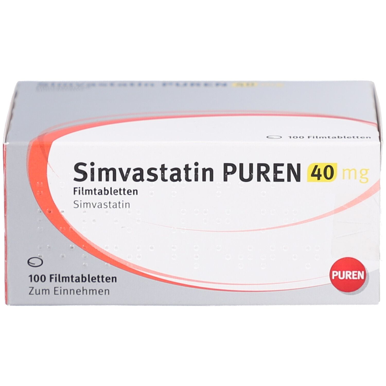 Schachtel SIMVASTATIN PUREN 40 mg Filmtabletten. Aufschrift: 100 Filmtabletten, PUREN. Weiße, orange und graue Verpackung.