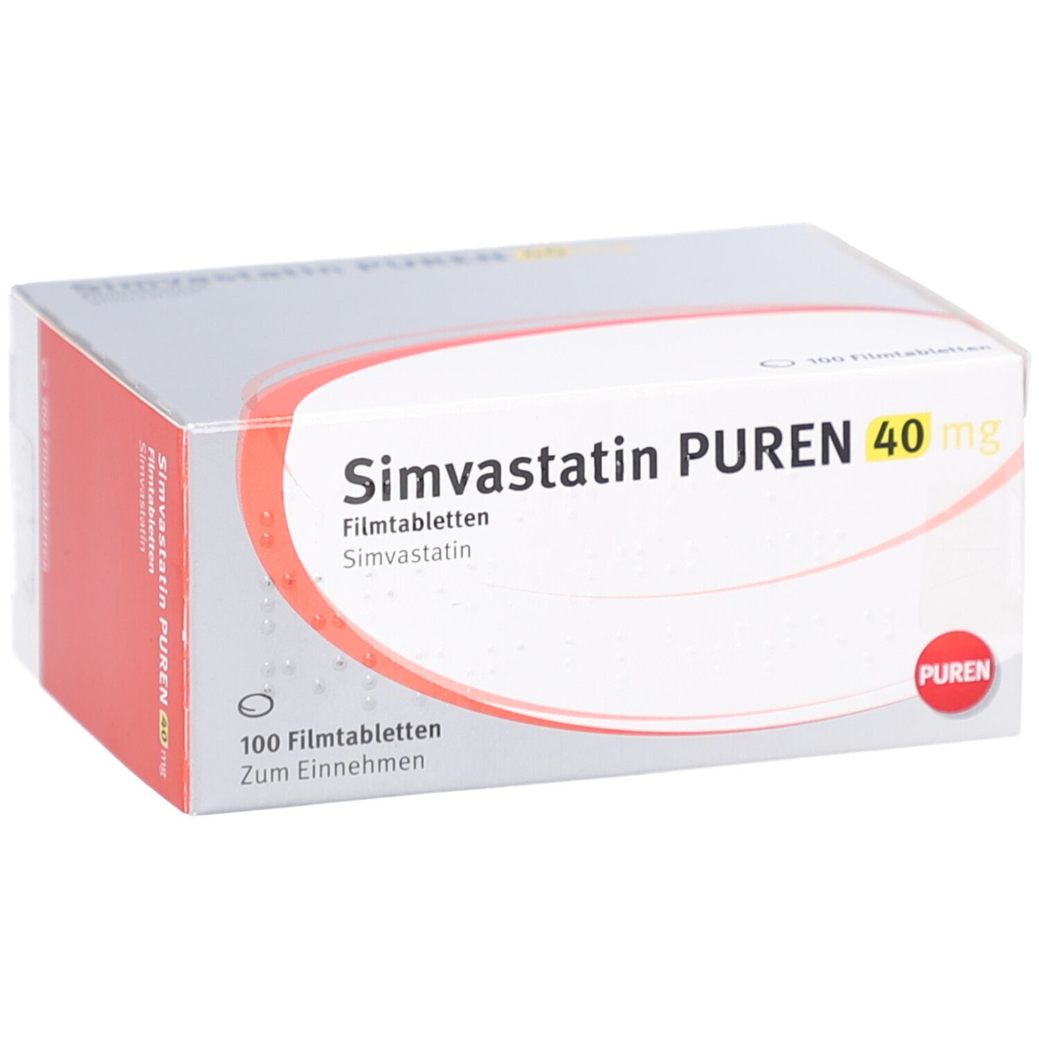 Schachtel SIMVASTATIN PUREN 40 mg Filmtabletten. Aufschrift: 100 Filmtabletten, PUREN. Weiße, orange und graue Verpackung.