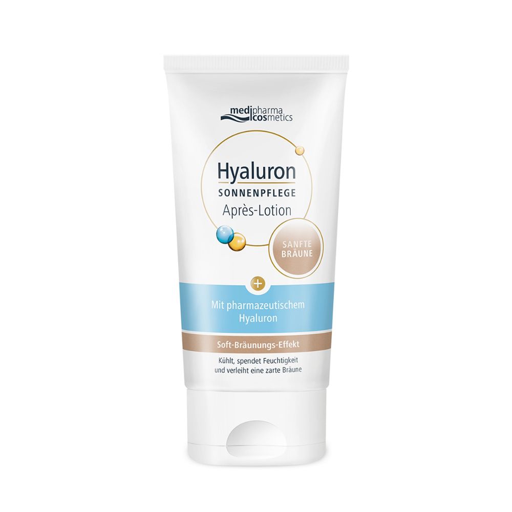 Weiße Tube mit Produktaufdruck. Text: Hyaluron Sonnenpflege Après-Lotion. Marke: medipharma cosmetics. Sanfte Bräune.