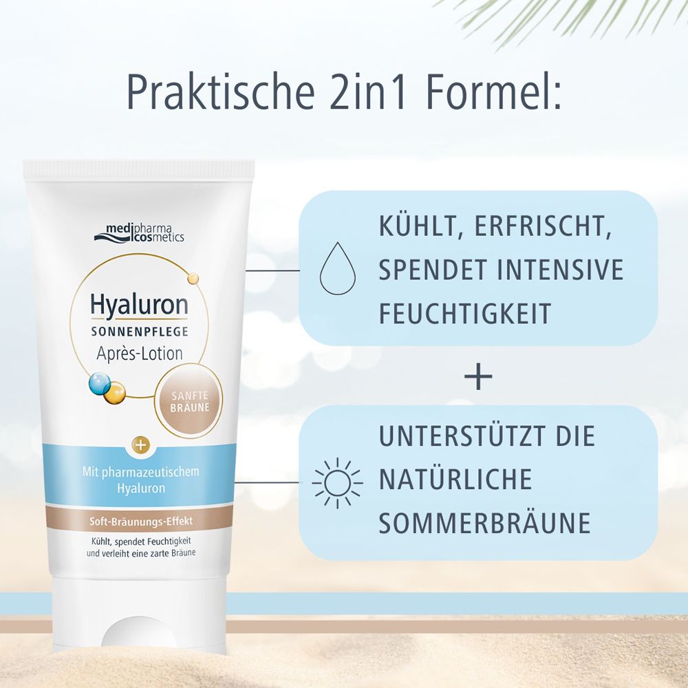 Tube Hyaluron Sonnenpflege Après-Lotion. Text: Praktische 2in1 Formel: Kühlt, erfrischt, spendet intensive Feuchtigkeit. Marke: medipharma cosmetics.