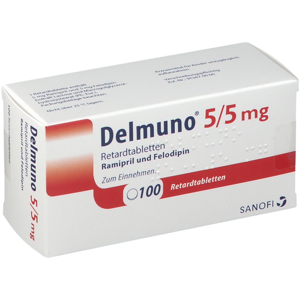 Schachtel mit Delmuno 5/5 mg Retardtabletten. Aufschrift: Ramipril und Felodipin. 100 Tabletten. Sanofi-Logo.