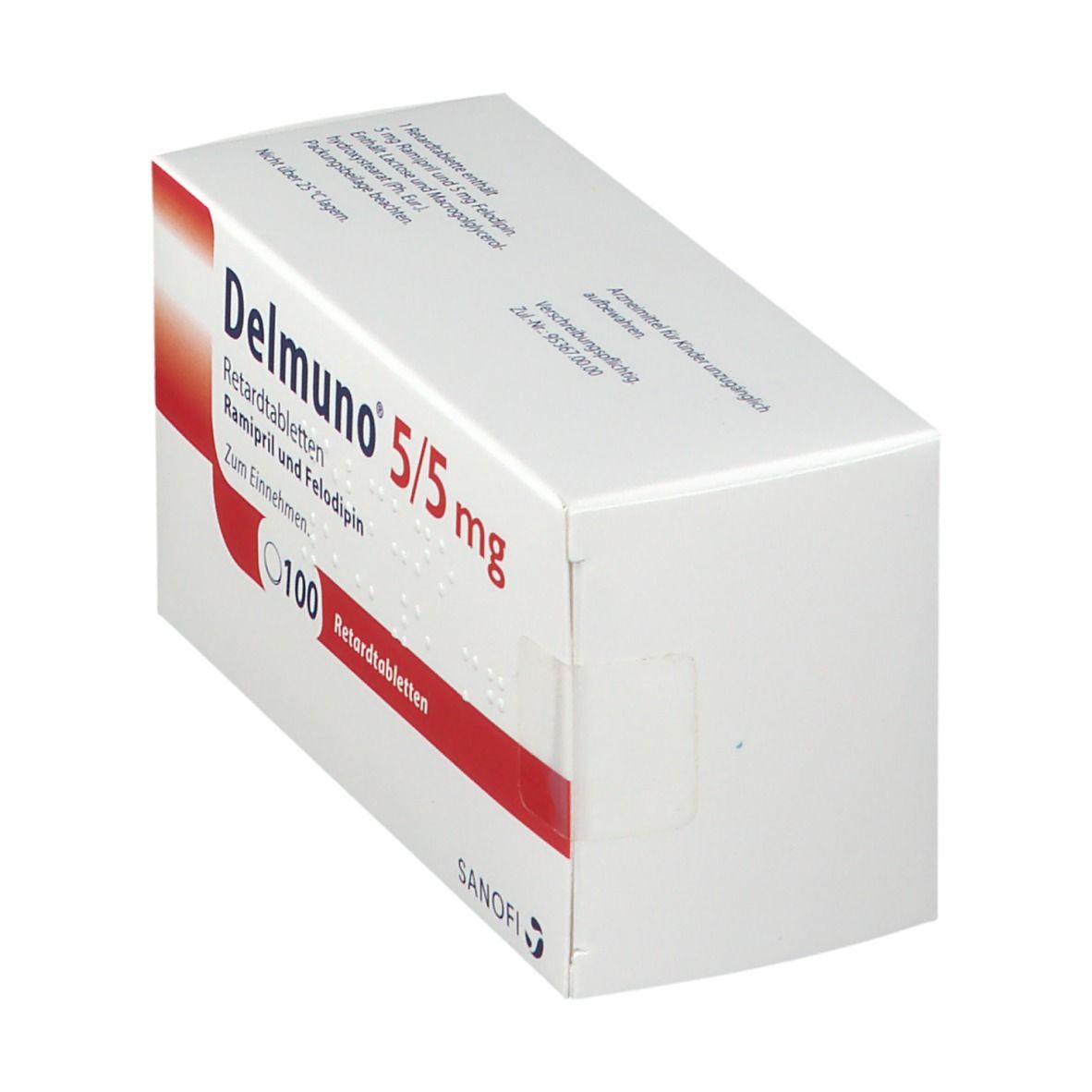 Schachtel mit Delmuno 5/5 mg Retardtabletten. Aufschrift: Ramipril und Felodipin. 100 Tabletten. Sanofi-Logo.