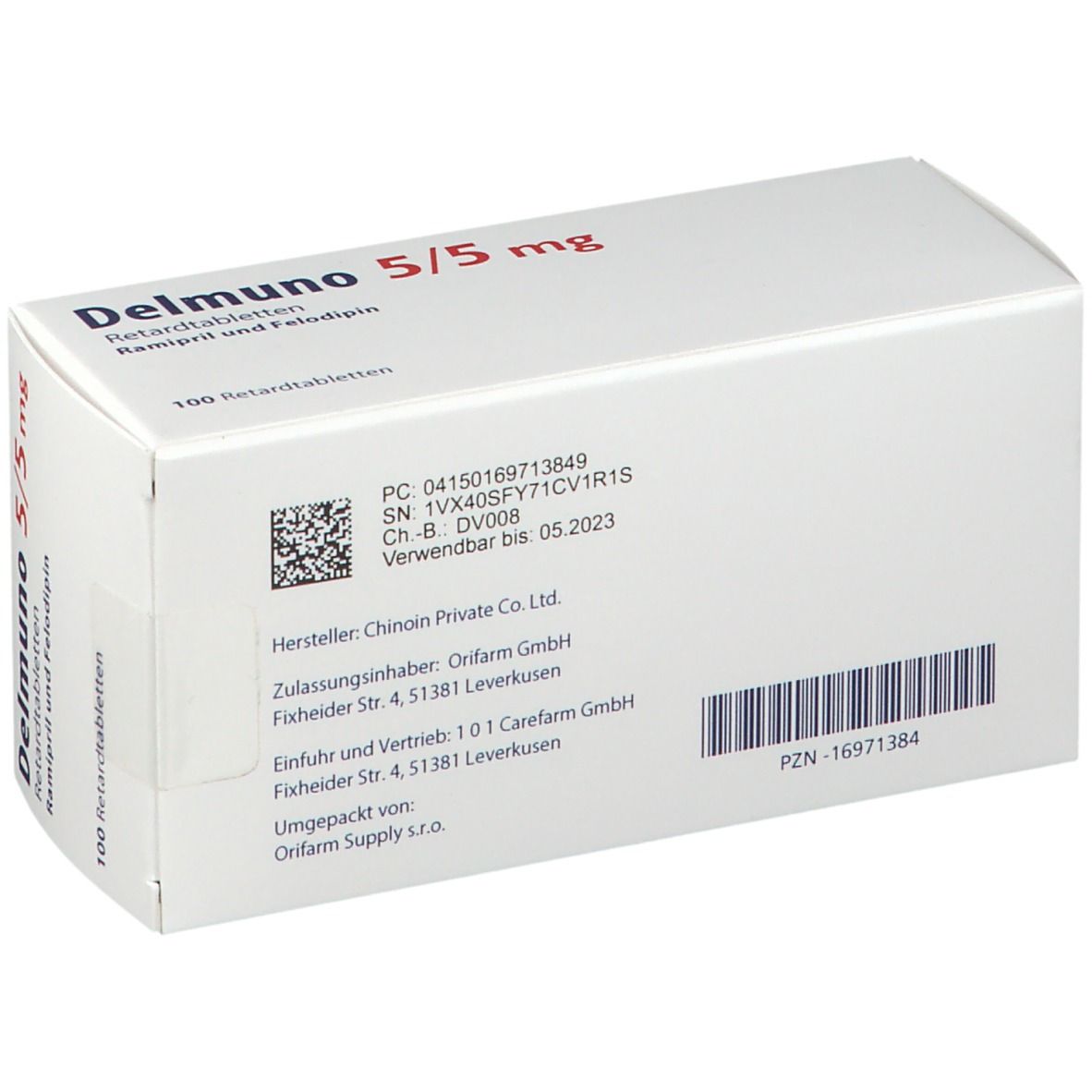 Schachtel mit Delmuno 5/5 mg Retardtabletten. Aufschrift: Ramipril und Felodipin. 100 Tabletten. Barcode und Herstellerinformationen.