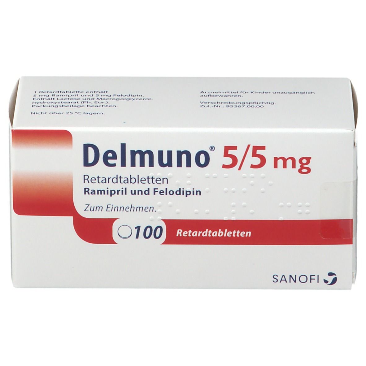 Schachtel mit Delmuno 5/5 mg Retardtabletten. Aufschrift: Ramipril und Felodipin. 100 Tabletten. Sanofi-Logo.