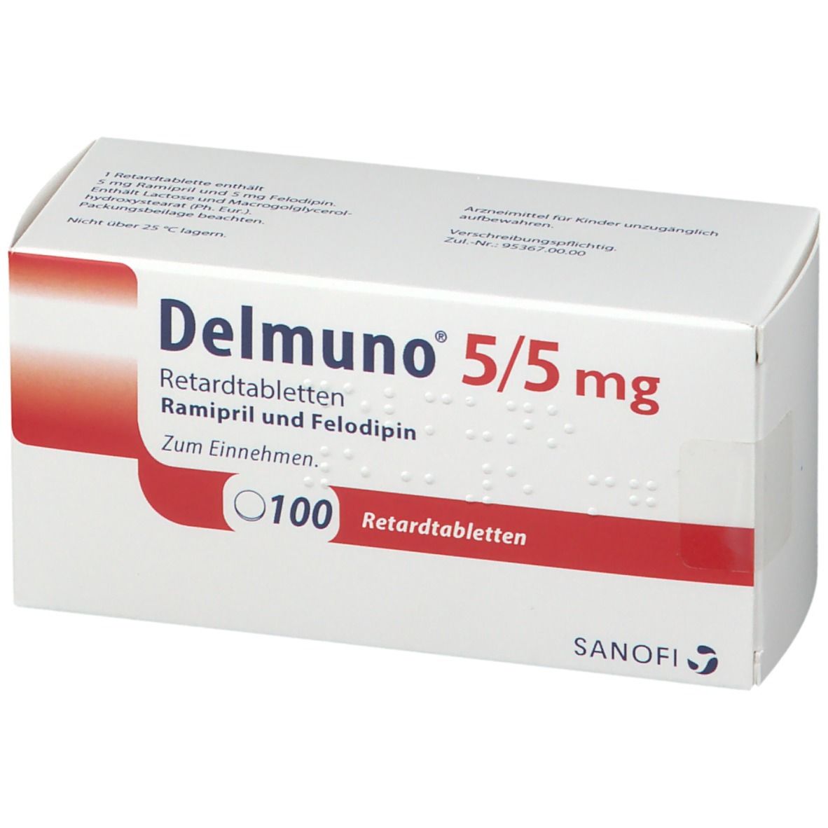 Schachtel mit Delmuno 5/5 mg Retardtabletten. Aufschrift: Ramipril und Felodipin. 100 Tabletten. Sanofi-Logo.