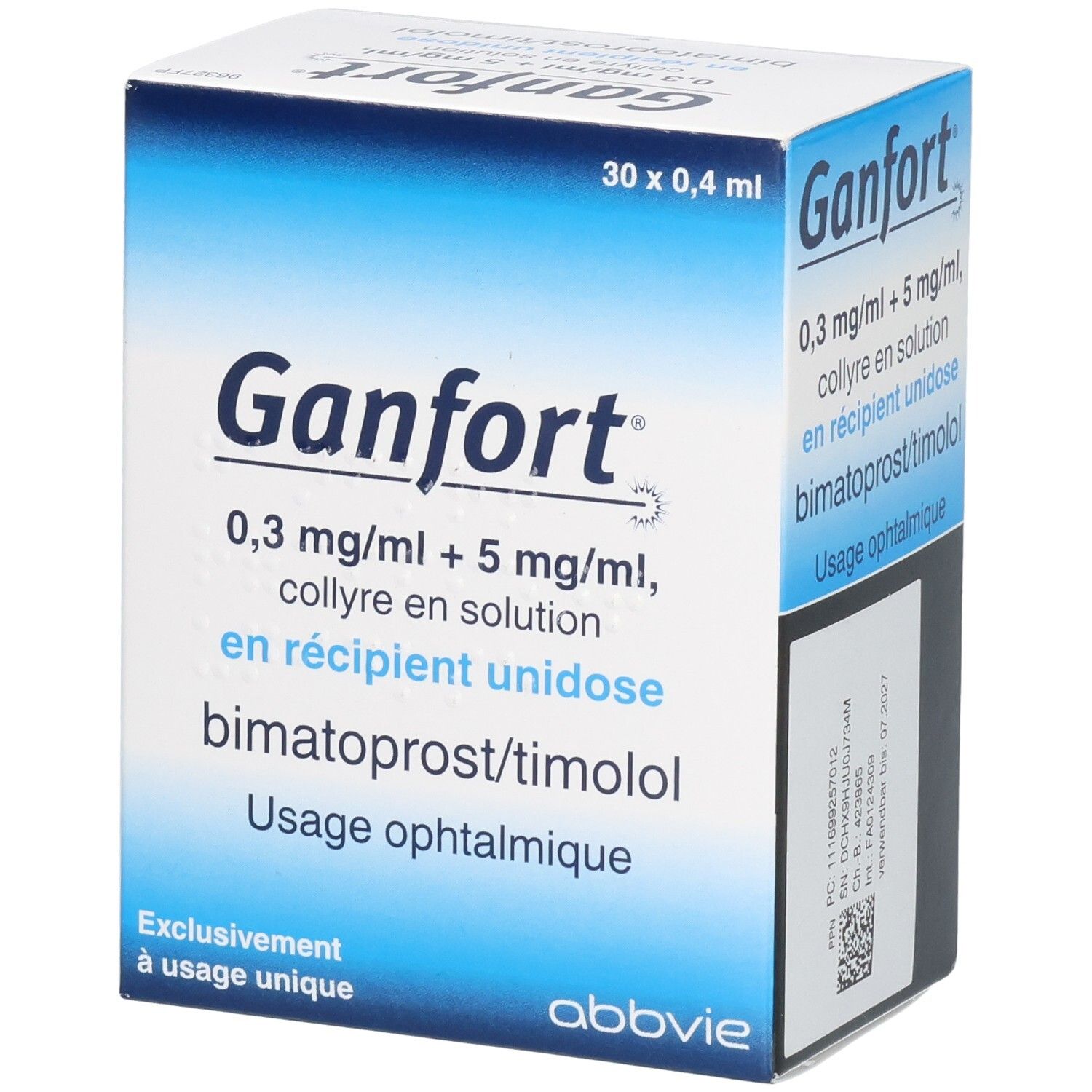 Ganfort Augentropfen Verpackung. Enthält 30 x 0,4 ml Einzeldosisbehälter.