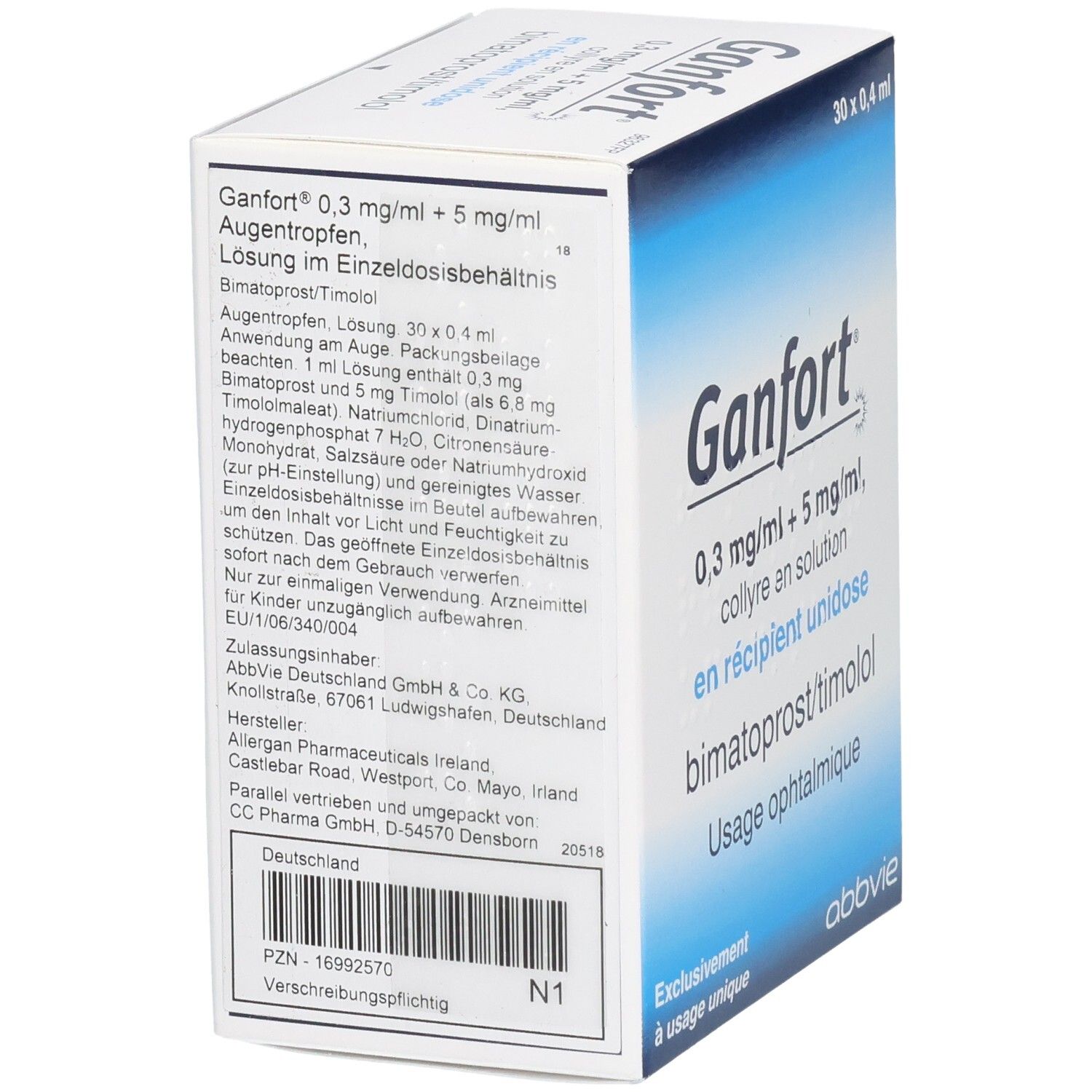 Rückseite der Ganfort Augentropfen Verpackung mit detaillierten Informationen und Herstellerangaben.