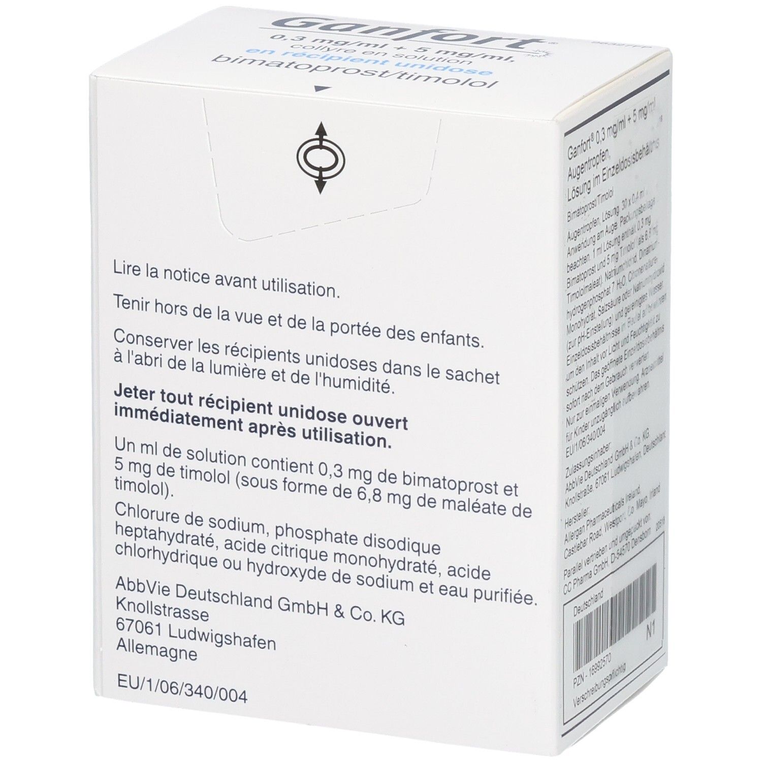 Seitenansicht der Ganfort Augentropfen Verpackung mit Anwendungshinweisen und Inhaltsstoffen.