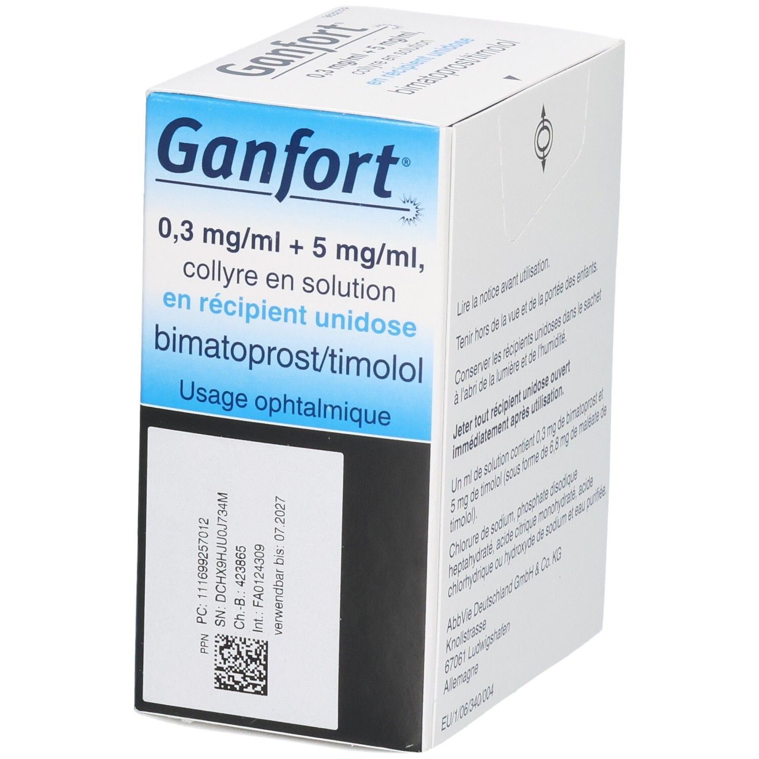 Vorderseite der Ganfort Augentropfen Verpackung mit Produktbezeichnung und Konzentration.