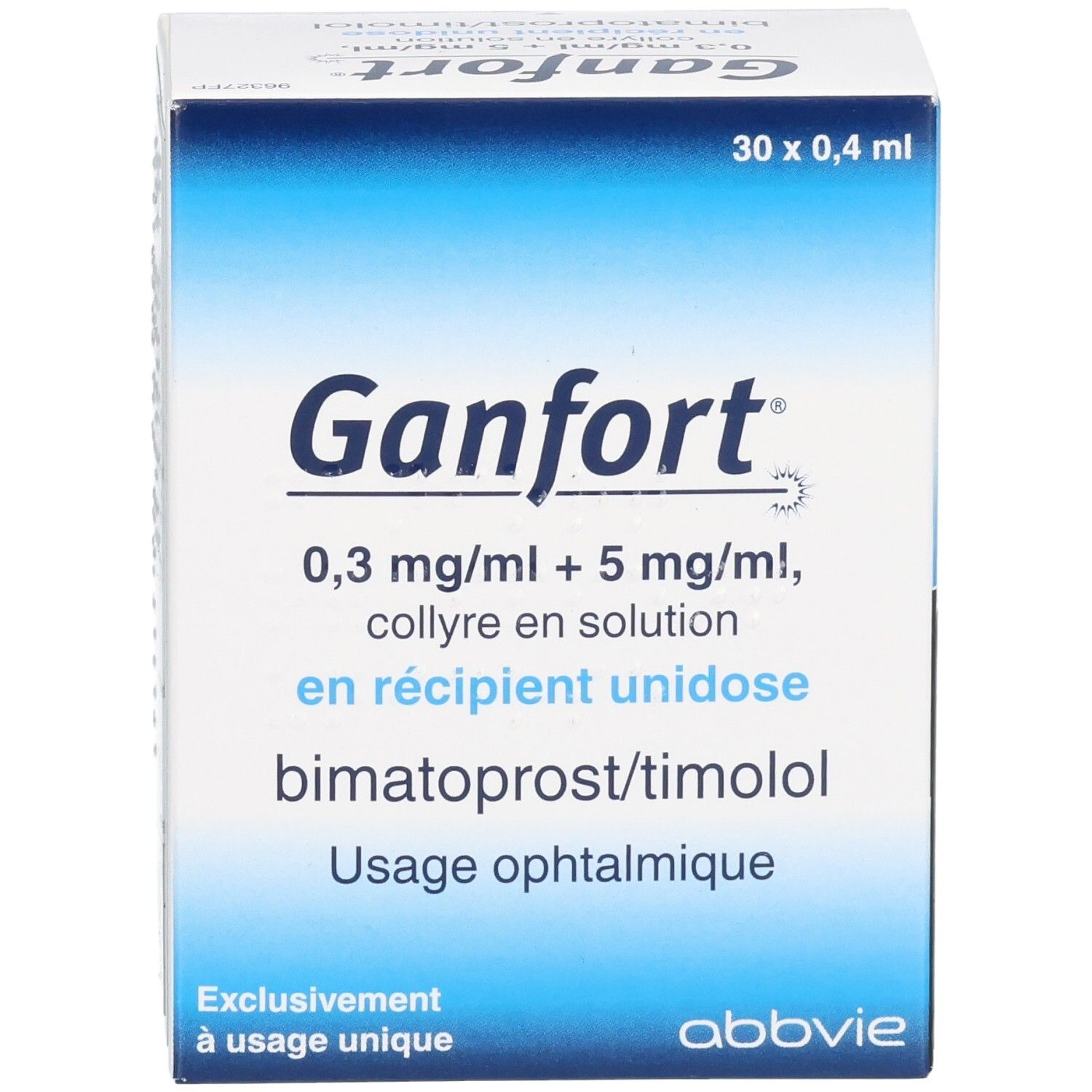 Ganfort Augentropfen Verpackung, Vorderseite. Zeigt Produktname, Konzentration und 'Exclusiv für Einmalgebrauch'.